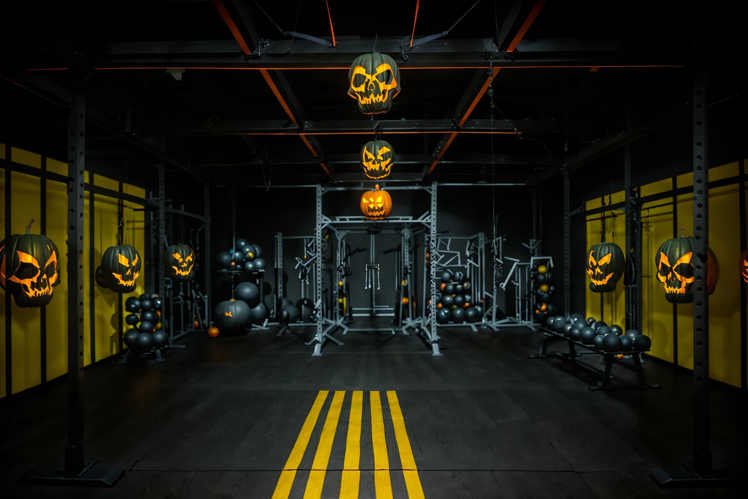 halloween-style (fitness gym interior) with dumbbell stand and crosstrainer and squat rack and bench press and exercise bicycle and dumbbell stand. . with yellow black balloons and lanterns and cobwebs and human skulls and skeletons sitting and standing and cobwebs and spiderwebs and glowing pumpkins. . cinematic photo, highly detailed, cinematic lighting, ultra-detailed, ultrarealistic, photorealism, 8k. halloween interior design style. masterpiece, cinematic light, ultrarealistic+, photorealistic+, 8k, raw photo, realistic, sharp focus on eyes, (symmetrical eyes), (intact eyes), hyperrealistic, highest quality, best quality, , highly detailed, masterpiece, best quality, extremely detailed 8k wallpaper, masterpiece, best quality, ultra-detailed, best shadow, detailed background, detailed face, detailed eyes, high contrast, best illumination, detailed face, dulux, caustic, dynamic angle, detailed glow. dramatic lighting. highly detailed, insanely detailed hair, symmetrical, intricate details, professionally retouched, 8k high definition. strong bokeh. award winning photo.