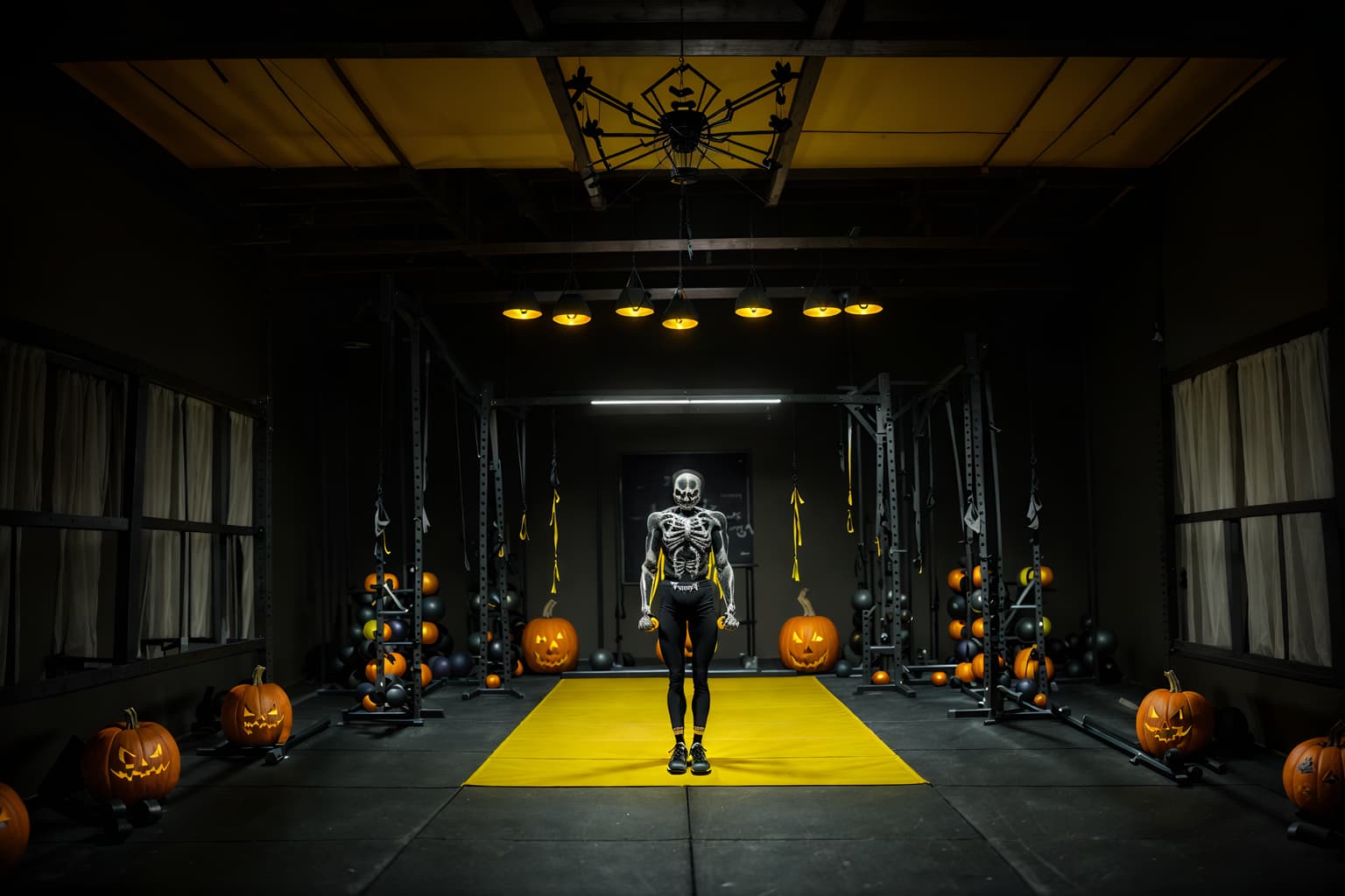 halloween-style (fitness gym interior) with dumbbell stand and crosstrainer and squat rack and bench press and exercise bicycle and dumbbell stand. . with yellow black balloons and lanterns and cobwebs and human skulls and skeletons sitting and standing and cobwebs and spiderwebs and glowing pumpkins. . cinematic photo, highly detailed, cinematic lighting, ultra-detailed, ultrarealistic, photorealism, 8k. halloween interior design style. masterpiece, cinematic light, ultrarealistic+, photorealistic+, 8k, raw photo, realistic, sharp focus on eyes, (symmetrical eyes), (intact eyes), hyperrealistic, highest quality, best quality, , highly detailed, masterpiece, best quality, extremely detailed 8k wallpaper, masterpiece, best quality, ultra-detailed, best shadow, detailed background, detailed face, detailed eyes, high contrast, best illumination, detailed face, dulux, caustic, dynamic angle, detailed glow. dramatic lighting. highly detailed, insanely detailed hair, symmetrical, intricate details, professionally retouched, 8k high definition. strong bokeh. award winning photo.