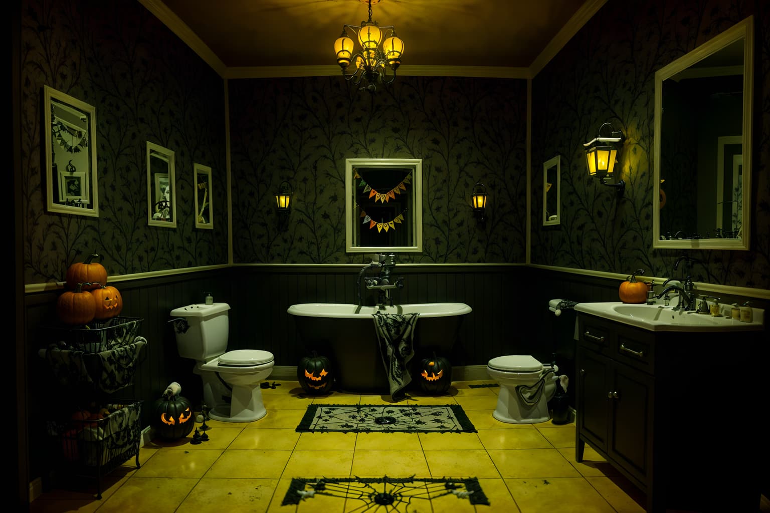 halloween-style (bathroom interior) with waste basket and bathroom cabinet and bathroom sink with faucet and bathtub and plant and mirror and bath rail and toilet seat. . with cobwebs and human skulls and lanterns and glowing pumpkins and cobwebs and spiderwebs and yellow black balloons and lanterns. . cinematic photo, highly detailed, cinematic lighting, ultra-detailed, ultrarealistic, photorealism, 8k. halloween interior design style. masterpiece, cinematic light, ultrarealistic+, photorealistic+, 8k, raw photo, realistic, sharp focus on eyes, (symmetrical eyes), (intact eyes), hyperrealistic, highest quality, best quality, , highly detailed, masterpiece, best quality, extremely detailed 8k wallpaper, masterpiece, best quality, ultra-detailed, best shadow, detailed background, detailed face, detailed eyes, high contrast, best illumination, detailed face, dulux, caustic, dynamic angle, detailed glow. dramatic lighting. highly detailed, insanely detailed hair, symmetrical, intricate details, professionally retouched, 8k high definition. strong bokeh. award winning photo.