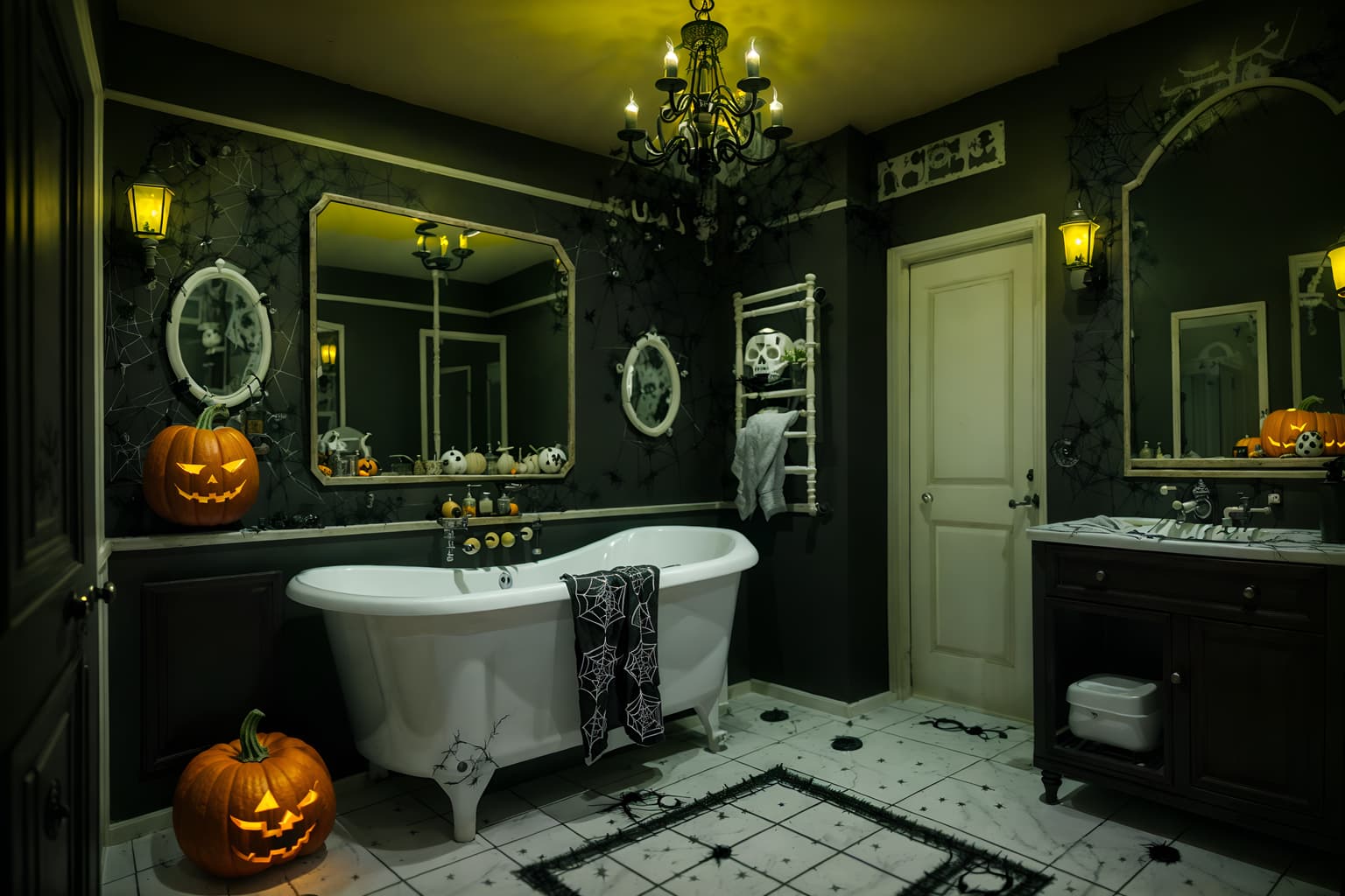 halloween-style (bathroom interior) with waste basket and bathroom cabinet and bathroom sink with faucet and bathtub and plant and mirror and bath rail and toilet seat. . with cobwebs and human skulls and lanterns and glowing pumpkins and cobwebs and spiderwebs and yellow black balloons and lanterns. . cinematic photo, highly detailed, cinematic lighting, ultra-detailed, ultrarealistic, photorealism, 8k. halloween interior design style. masterpiece, cinematic light, ultrarealistic+, photorealistic+, 8k, raw photo, realistic, sharp focus on eyes, (symmetrical eyes), (intact eyes), hyperrealistic, highest quality, best quality, , highly detailed, masterpiece, best quality, extremely detailed 8k wallpaper, masterpiece, best quality, ultra-detailed, best shadow, detailed background, detailed face, detailed eyes, high contrast, best illumination, detailed face, dulux, caustic, dynamic angle, detailed glow. dramatic lighting. highly detailed, insanely detailed hair, symmetrical, intricate details, professionally retouched, 8k high definition. strong bokeh. award winning photo.