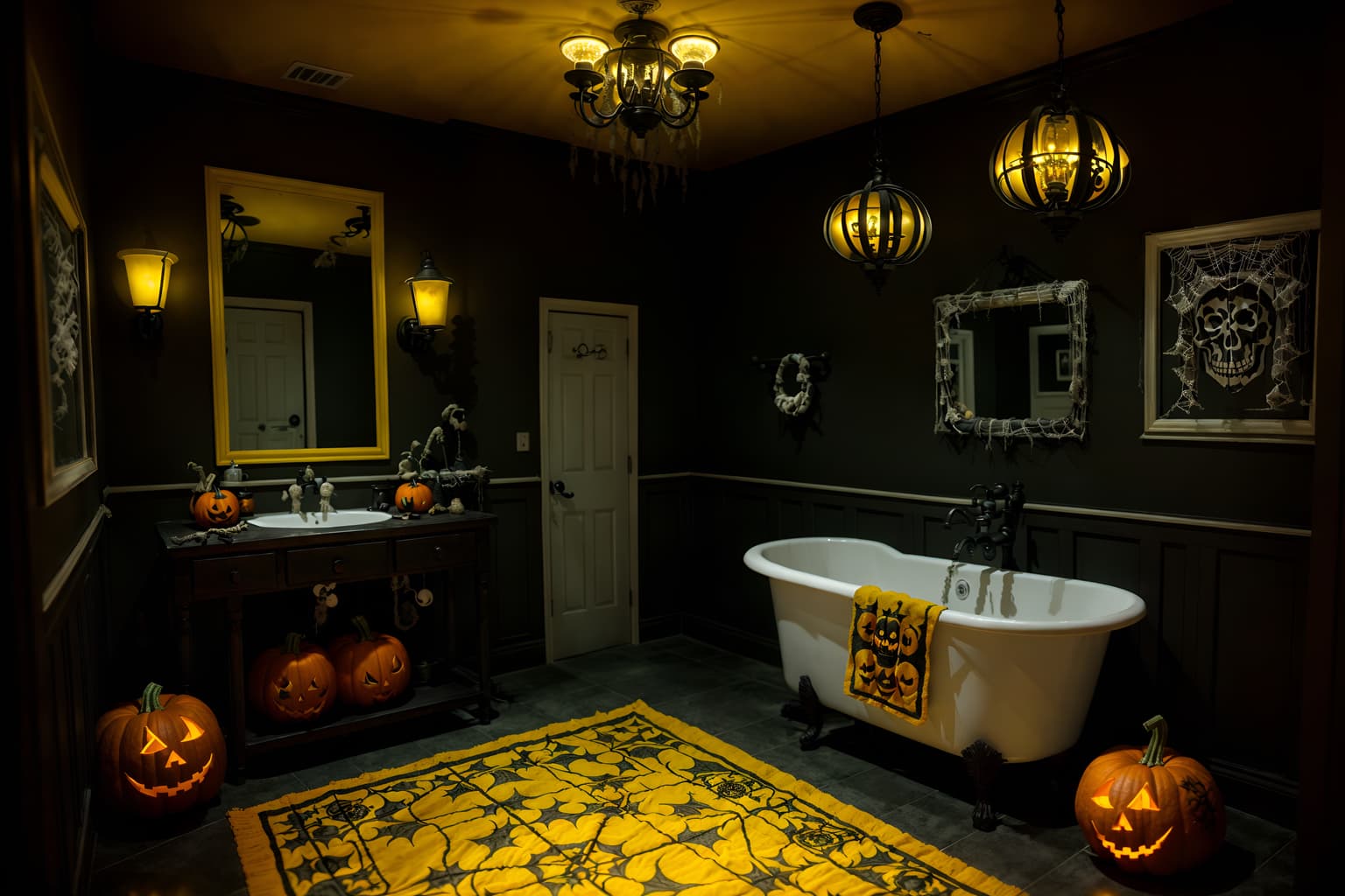 halloween-style (bathroom interior) with waste basket and bathroom cabinet and bathroom sink with faucet and bathtub and plant and mirror and bath rail and toilet seat. . with cobwebs and human skulls and lanterns and glowing pumpkins and cobwebs and spiderwebs and yellow black balloons and lanterns. . cinematic photo, highly detailed, cinematic lighting, ultra-detailed, ultrarealistic, photorealism, 8k. halloween interior design style. masterpiece, cinematic light, ultrarealistic+, photorealistic+, 8k, raw photo, realistic, sharp focus on eyes, (symmetrical eyes), (intact eyes), hyperrealistic, highest quality, best quality, , highly detailed, masterpiece, best quality, extremely detailed 8k wallpaper, masterpiece, best quality, ultra-detailed, best shadow, detailed background, detailed face, detailed eyes, high contrast, best illumination, detailed face, dulux, caustic, dynamic angle, detailed glow. dramatic lighting. highly detailed, insanely detailed hair, symmetrical, intricate details, professionally retouched, 8k high definition. strong bokeh. award winning photo.