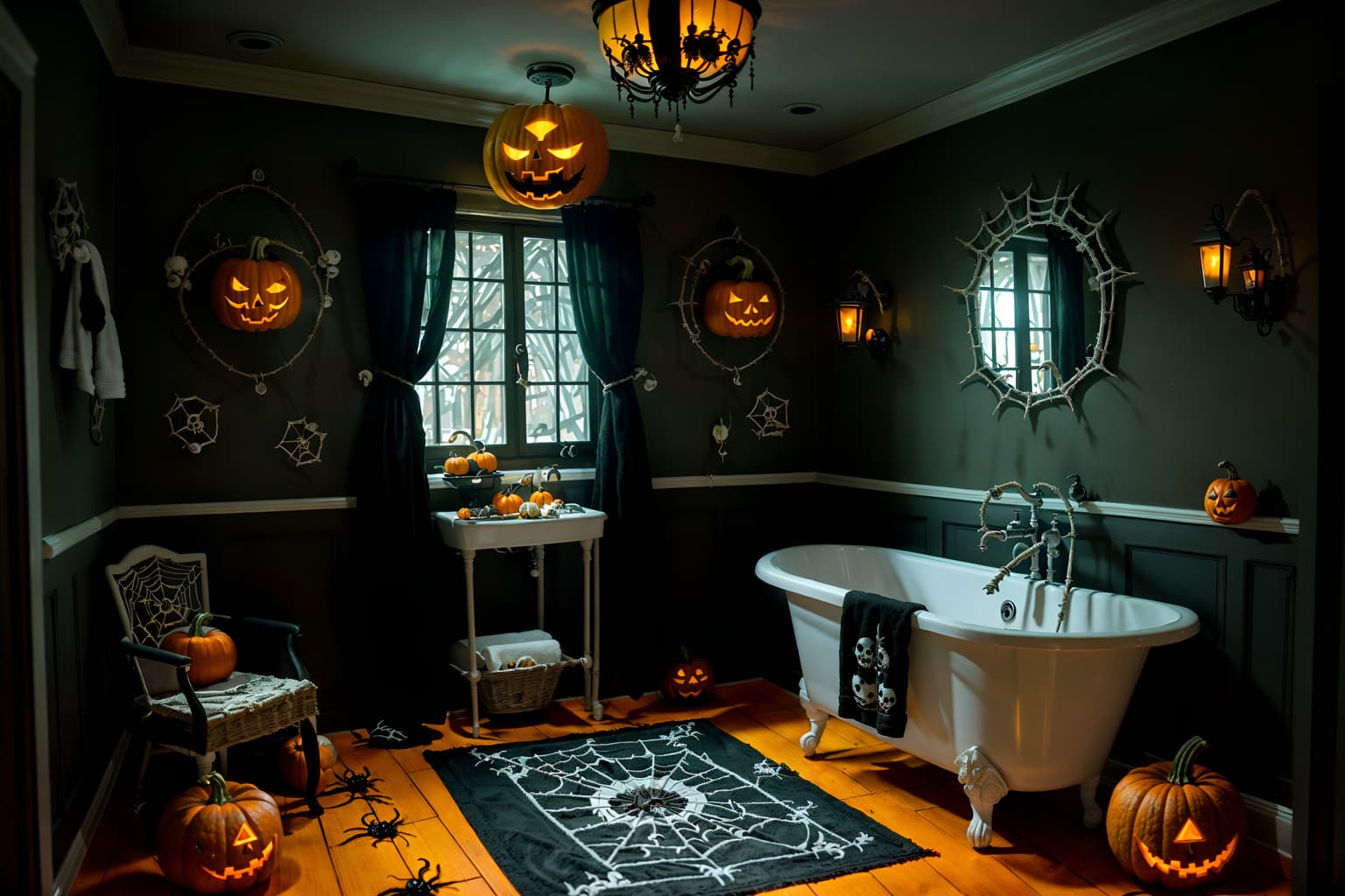 halloween-style (bathroom interior) with waste basket and bathroom cabinet and bathroom sink with faucet and bathtub and plant and mirror and bath rail and toilet seat. . with cobwebs and human skulls and lanterns and glowing pumpkins and cobwebs and spiderwebs and yellow black balloons and lanterns. . cinematic photo, highly detailed, cinematic lighting, ultra-detailed, ultrarealistic, photorealism, 8k. halloween interior design style. masterpiece, cinematic light, ultrarealistic+, photorealistic+, 8k, raw photo, realistic, sharp focus on eyes, (symmetrical eyes), (intact eyes), hyperrealistic, highest quality, best quality, , highly detailed, masterpiece, best quality, extremely detailed 8k wallpaper, masterpiece, best quality, ultra-detailed, best shadow, detailed background, detailed face, detailed eyes, high contrast, best illumination, detailed face, dulux, caustic, dynamic angle, detailed glow. dramatic lighting. highly detailed, insanely detailed hair, symmetrical, intricate details, professionally retouched, 8k high definition. strong bokeh. award winning photo.