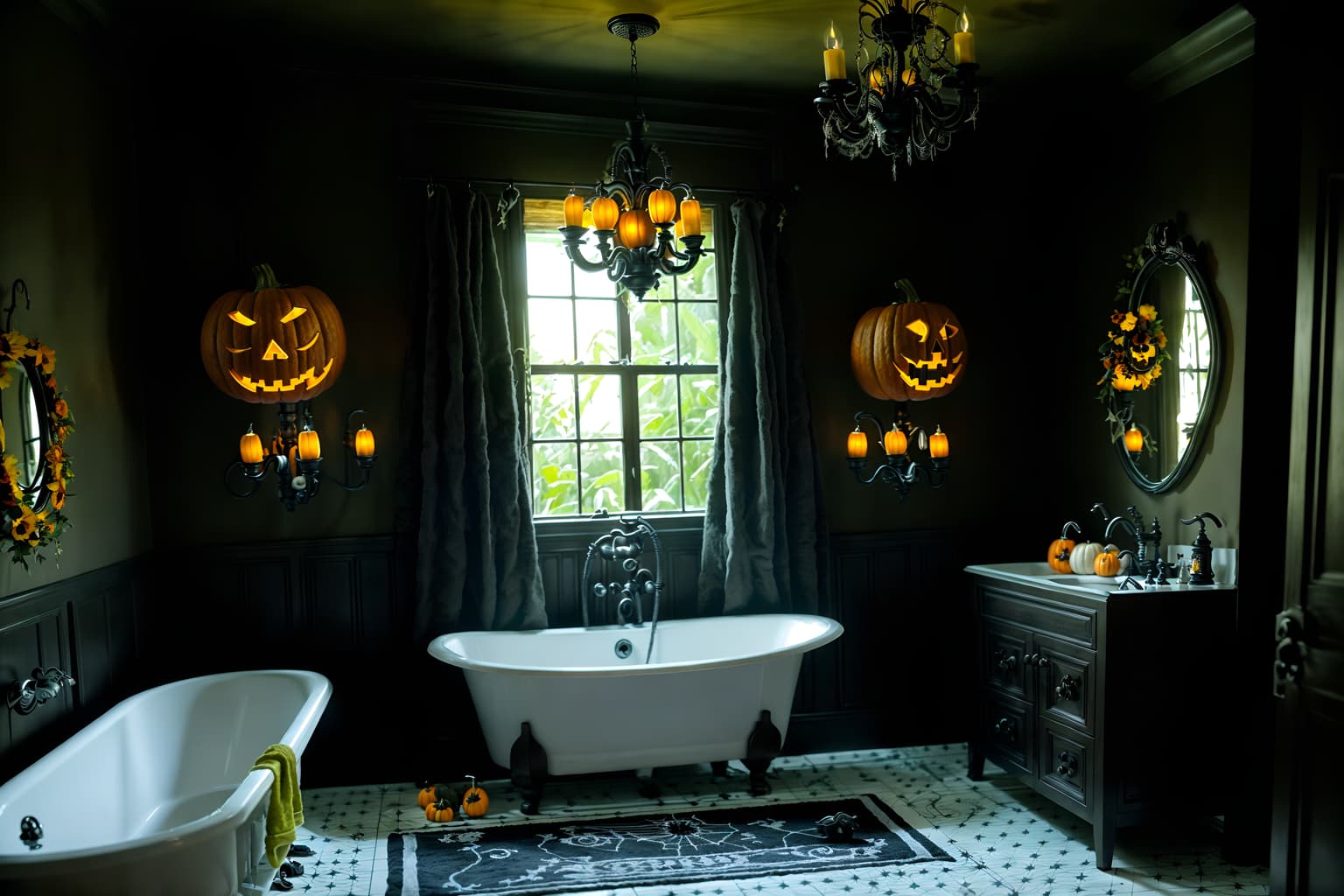halloween-style (bathroom interior) with waste basket and bathroom cabinet and bathroom sink with faucet and bathtub and plant and mirror and bath rail and toilet seat. . with cobwebs and human skulls and lanterns and glowing pumpkins and cobwebs and spiderwebs and yellow black balloons and lanterns. . cinematic photo, highly detailed, cinematic lighting, ultra-detailed, ultrarealistic, photorealism, 8k. halloween interior design style. masterpiece, cinematic light, ultrarealistic+, photorealistic+, 8k, raw photo, realistic, sharp focus on eyes, (symmetrical eyes), (intact eyes), hyperrealistic, highest quality, best quality, , highly detailed, masterpiece, best quality, extremely detailed 8k wallpaper, masterpiece, best quality, ultra-detailed, best shadow, detailed background, detailed face, detailed eyes, high contrast, best illumination, detailed face, dulux, caustic, dynamic angle, detailed glow. dramatic lighting. highly detailed, insanely detailed hair, symmetrical, intricate details, professionally retouched, 8k high definition. strong bokeh. award winning photo.