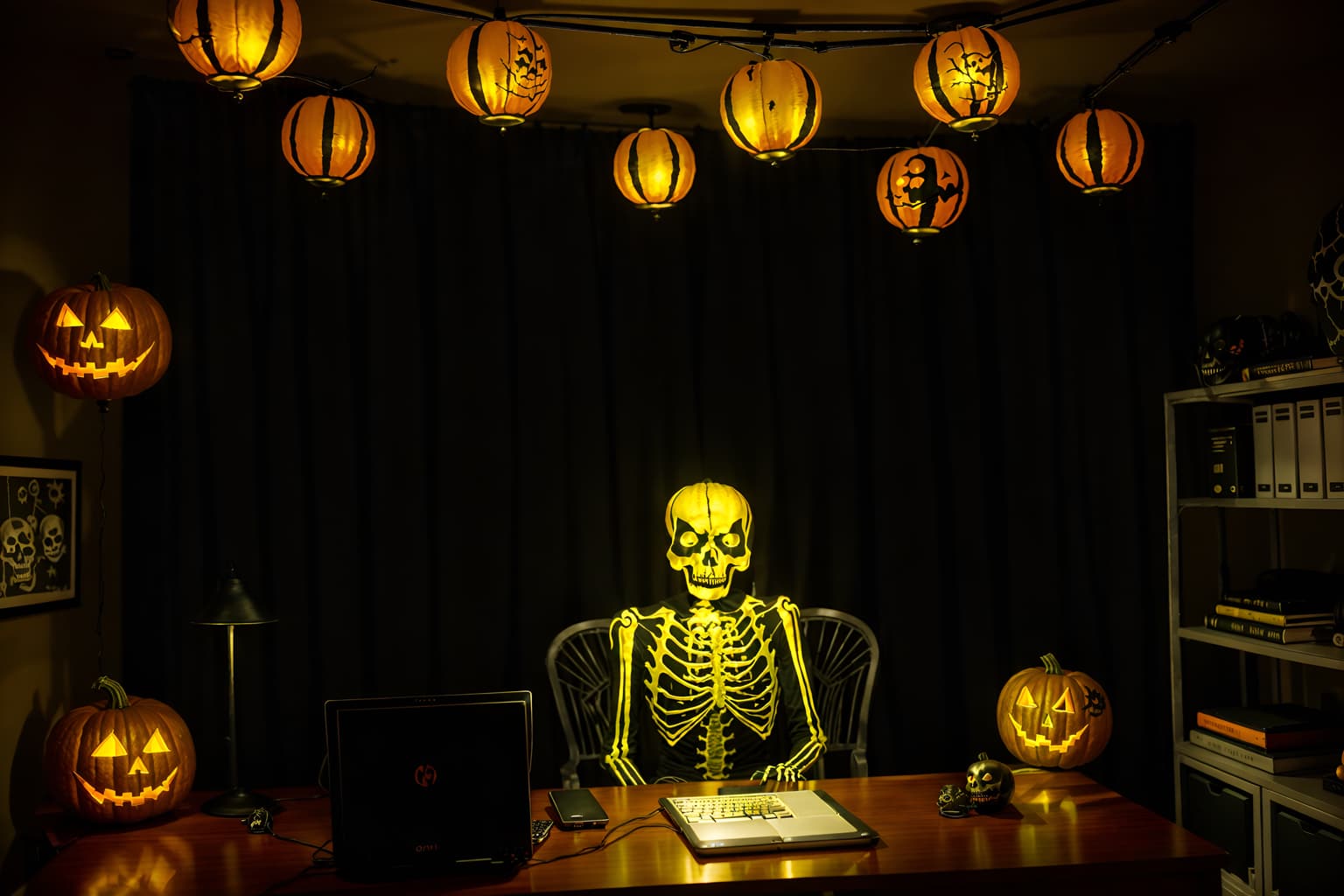 halloween-style (home office interior) with computer desk and plant and cabinets and desk lamp and office chair and computer desk. . with yellow black balloons and cobwebs and skeletons sitting and standing and lanterns and lanterns and glowing pumpkins and human skulls and spiderwebs. . cinematic photo, highly detailed, cinematic lighting, ultra-detailed, ultrarealistic, photorealism, 8k. halloween interior design style. masterpiece, cinematic light, ultrarealistic+, photorealistic+, 8k, raw photo, realistic, sharp focus on eyes, (symmetrical eyes), (intact eyes), hyperrealistic, highest quality, best quality, , highly detailed, masterpiece, best quality, extremely detailed 8k wallpaper, masterpiece, best quality, ultra-detailed, best shadow, detailed background, detailed face, detailed eyes, high contrast, best illumination, detailed face, dulux, caustic, dynamic angle, detailed glow. dramatic lighting. highly detailed, insanely detailed hair, symmetrical, intricate details, professionally retouched, 8k high definition. strong bokeh. award winning photo.