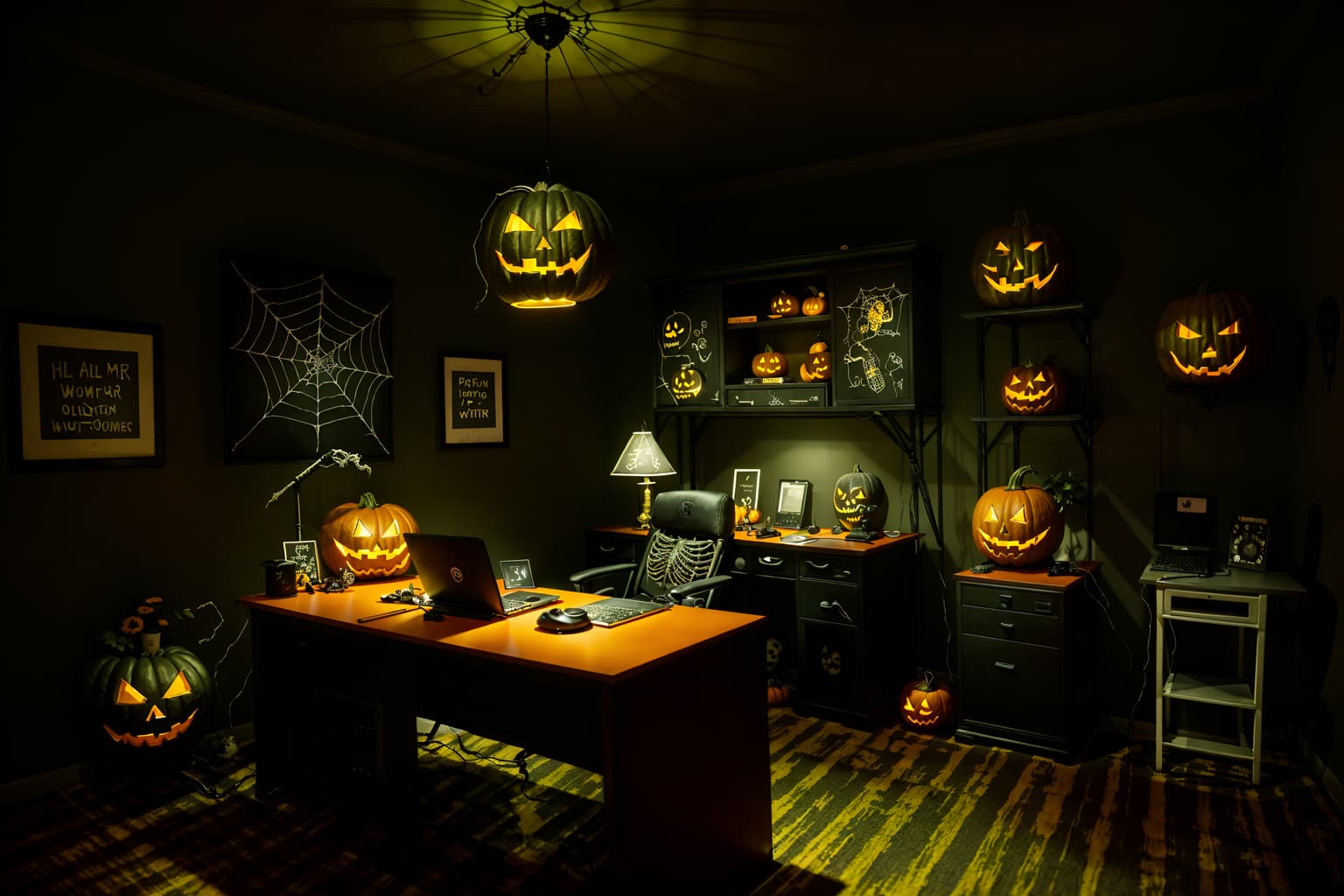 halloween-style (home office interior) with computer desk and plant and cabinets and desk lamp and office chair and computer desk. . with yellow black balloons and cobwebs and skeletons sitting and standing and lanterns and lanterns and glowing pumpkins and human skulls and spiderwebs. . cinematic photo, highly detailed, cinematic lighting, ultra-detailed, ultrarealistic, photorealism, 8k. halloween interior design style. masterpiece, cinematic light, ultrarealistic+, photorealistic+, 8k, raw photo, realistic, sharp focus on eyes, (symmetrical eyes), (intact eyes), hyperrealistic, highest quality, best quality, , highly detailed, masterpiece, best quality, extremely detailed 8k wallpaper, masterpiece, best quality, ultra-detailed, best shadow, detailed background, detailed face, detailed eyes, high contrast, best illumination, detailed face, dulux, caustic, dynamic angle, detailed glow. dramatic lighting. highly detailed, insanely detailed hair, symmetrical, intricate details, professionally retouched, 8k high definition. strong bokeh. award winning photo.