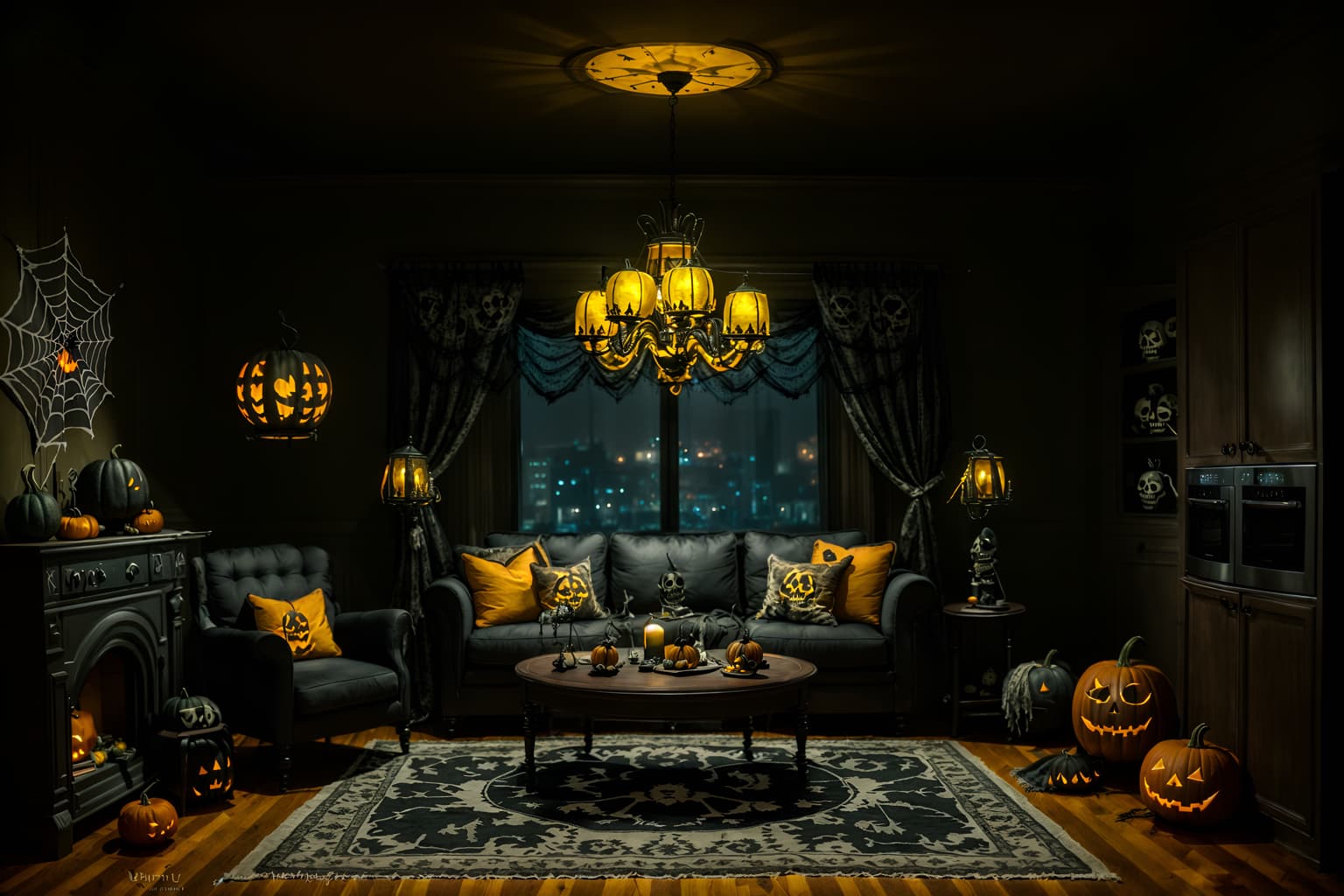 halloween-style (kitchen living combo interior) with coffee tables and chairs and refrigerator and stove and furniture and televisions and sink and rug. . with spiderwebs and lanterns and cobwebs and human skulls and lanterns and glowing pumpkins and skeletons sitting and standing and yellow black balloons. . cinematic photo, highly detailed, cinematic lighting, ultra-detailed, ultrarealistic, photorealism, 8k. halloween interior design style. masterpiece, cinematic light, ultrarealistic+, photorealistic+, 8k, raw photo, realistic, sharp focus on eyes, (symmetrical eyes), (intact eyes), hyperrealistic, highest quality, best quality, , highly detailed, masterpiece, best quality, extremely detailed 8k wallpaper, masterpiece, best quality, ultra-detailed, best shadow, detailed background, detailed face, detailed eyes, high contrast, best illumination, detailed face, dulux, caustic, dynamic angle, detailed glow. dramatic lighting. highly detailed, insanely detailed hair, symmetrical, intricate details, professionally retouched, 8k high definition. strong bokeh. award winning photo.