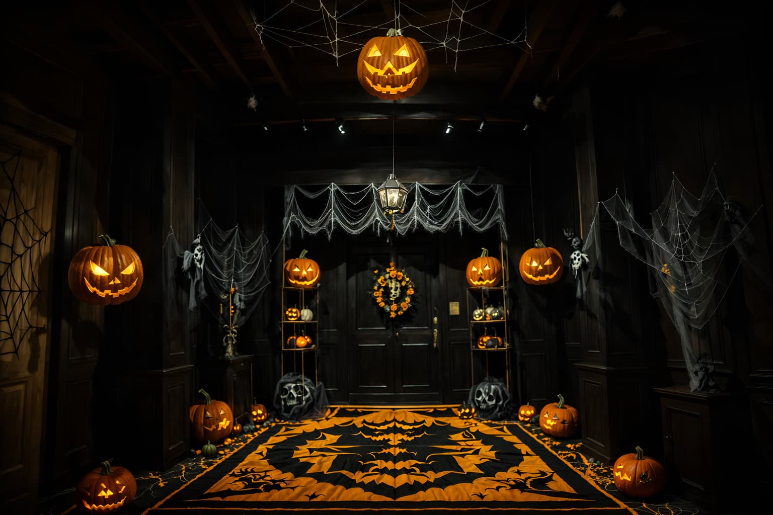 halloween-style (clothing store interior) . with cobwebs and spiderwebs and cobwebs and glowing pumpkins and human skulls and lanterns and yellow black balloons and lanterns. . cinematic photo, highly detailed, cinematic lighting, ultra-detailed, ultrarealistic, photorealism, 8k. halloween interior design style. masterpiece, cinematic light, ultrarealistic+, photorealistic+, 8k, raw photo, realistic, sharp focus on eyes, (symmetrical eyes), (intact eyes), hyperrealistic, highest quality, best quality, , highly detailed, masterpiece, best quality, extremely detailed 8k wallpaper, masterpiece, best quality, ultra-detailed, best shadow, detailed background, detailed face, detailed eyes, high contrast, best illumination, detailed face, dulux, caustic, dynamic angle, detailed glow. dramatic lighting. highly detailed, insanely detailed hair, symmetrical, intricate details, professionally retouched, 8k high definition. strong bokeh. award winning photo.