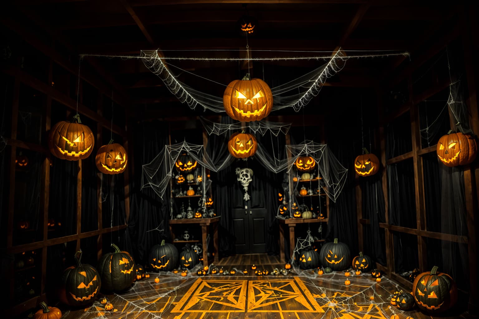 halloween-style (clothing store interior) . with cobwebs and spiderwebs and cobwebs and glowing pumpkins and human skulls and lanterns and yellow black balloons and lanterns. . cinematic photo, highly detailed, cinematic lighting, ultra-detailed, ultrarealistic, photorealism, 8k. halloween interior design style. masterpiece, cinematic light, ultrarealistic+, photorealistic+, 8k, raw photo, realistic, sharp focus on eyes, (symmetrical eyes), (intact eyes), hyperrealistic, highest quality, best quality, , highly detailed, masterpiece, best quality, extremely detailed 8k wallpaper, masterpiece, best quality, ultra-detailed, best shadow, detailed background, detailed face, detailed eyes, high contrast, best illumination, detailed face, dulux, caustic, dynamic angle, detailed glow. dramatic lighting. highly detailed, insanely detailed hair, symmetrical, intricate details, professionally retouched, 8k high definition. strong bokeh. award winning photo.