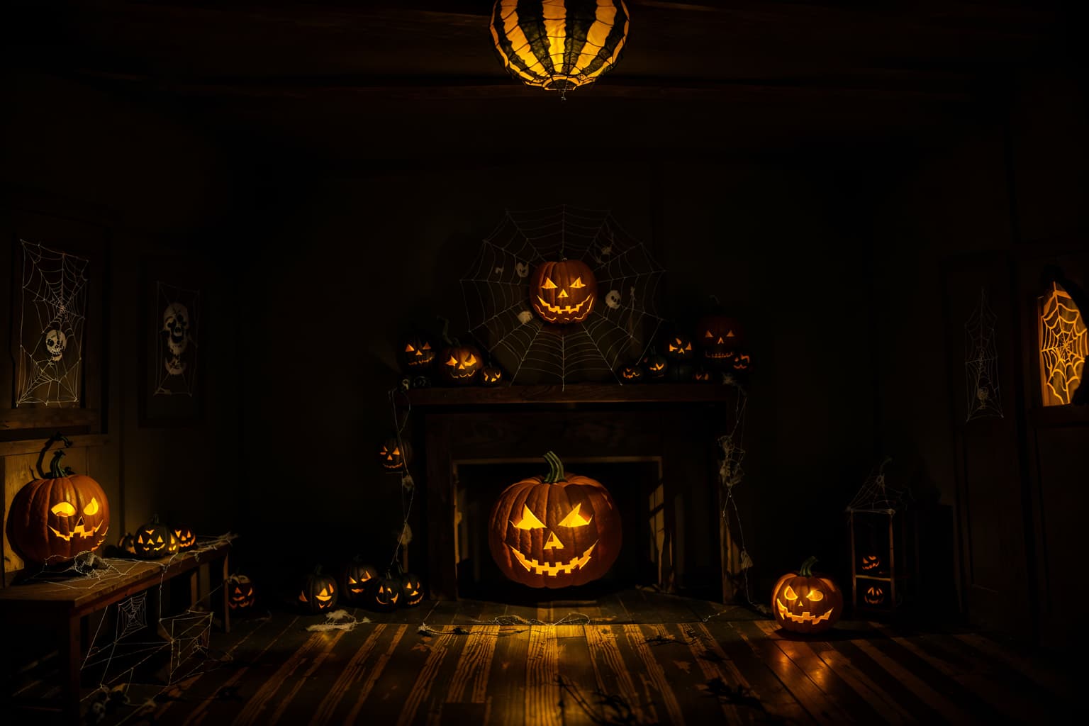 halloween-style (attic interior) . with glowing pumpkins and human skulls and yellow black balloons and cobwebs and lanterns and lanterns and spiderwebs and skeletons sitting and standing. . cinematic photo, highly detailed, cinematic lighting, ultra-detailed, ultrarealistic, photorealism, 8k. halloween interior design style. masterpiece, cinematic light, ultrarealistic+, photorealistic+, 8k, raw photo, realistic, sharp focus on eyes, (symmetrical eyes), (intact eyes), hyperrealistic, highest quality, best quality, , highly detailed, masterpiece, best quality, extremely detailed 8k wallpaper, masterpiece, best quality, ultra-detailed, best shadow, detailed background, detailed face, detailed eyes, high contrast, best illumination, detailed face, dulux, caustic, dynamic angle, detailed glow. dramatic lighting. highly detailed, insanely detailed hair, symmetrical, intricate details, professionally retouched, 8k high definition. strong bokeh. award winning photo.