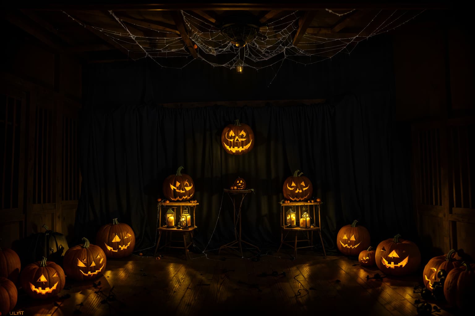 halloween-style (attic interior) . with glowing pumpkins and human skulls and yellow black balloons and cobwebs and lanterns and lanterns and spiderwebs and skeletons sitting and standing. . cinematic photo, highly detailed, cinematic lighting, ultra-detailed, ultrarealistic, photorealism, 8k. halloween interior design style. masterpiece, cinematic light, ultrarealistic+, photorealistic+, 8k, raw photo, realistic, sharp focus on eyes, (symmetrical eyes), (intact eyes), hyperrealistic, highest quality, best quality, , highly detailed, masterpiece, best quality, extremely detailed 8k wallpaper, masterpiece, best quality, ultra-detailed, best shadow, detailed background, detailed face, detailed eyes, high contrast, best illumination, detailed face, dulux, caustic, dynamic angle, detailed glow. dramatic lighting. highly detailed, insanely detailed hair, symmetrical, intricate details, professionally retouched, 8k high definition. strong bokeh. award winning photo.