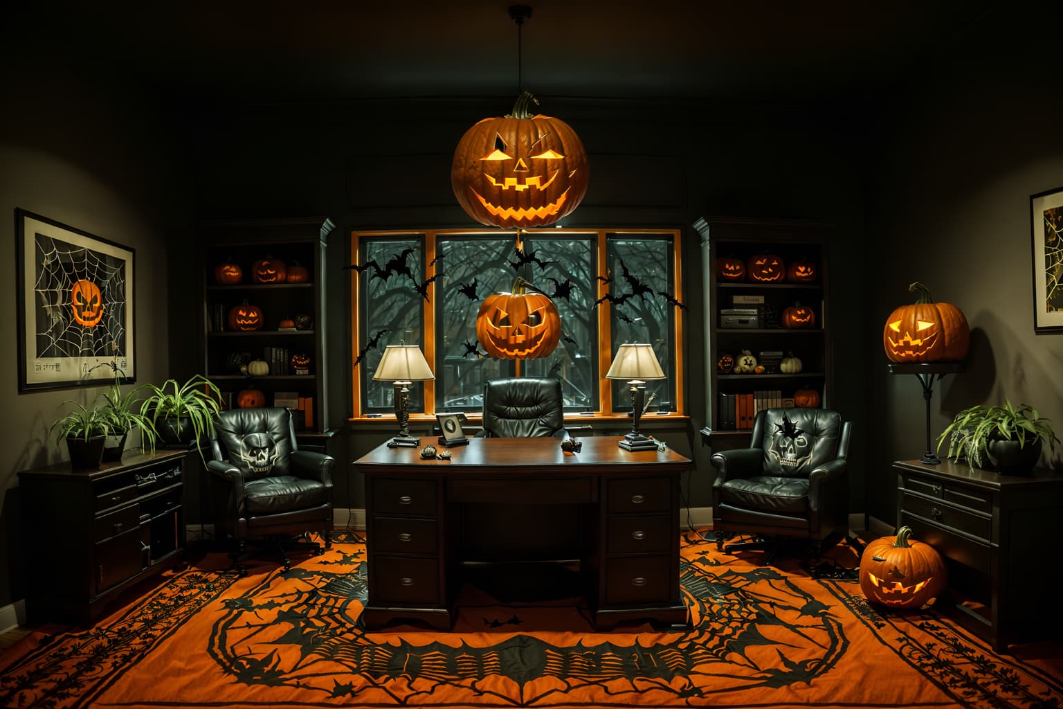 halloween-style (office interior) with office chairs and computer desks and windows and cabinets and lounge chairs and desk lamps and office desks and plants. . with glowing pumpkins and cobwebs and lanterns and human skulls and lanterns and skeletons sitting and standing and spiderwebs and cobwebs. . cinematic photo, highly detailed, cinematic lighting, ultra-detailed, ultrarealistic, photorealism, 8k. halloween interior design style. masterpiece, cinematic light, ultrarealistic+, photorealistic+, 8k, raw photo, realistic, sharp focus on eyes, (symmetrical eyes), (intact eyes), hyperrealistic, highest quality, best quality, , highly detailed, masterpiece, best quality, extremely detailed 8k wallpaper, masterpiece, best quality, ultra-detailed, best shadow, detailed background, detailed face, detailed eyes, high contrast, best illumination, detailed face, dulux, caustic, dynamic angle, detailed glow. dramatic lighting. highly detailed, insanely detailed hair, symmetrical, intricate details, professionally retouched, 8k high definition. strong bokeh. award winning photo.