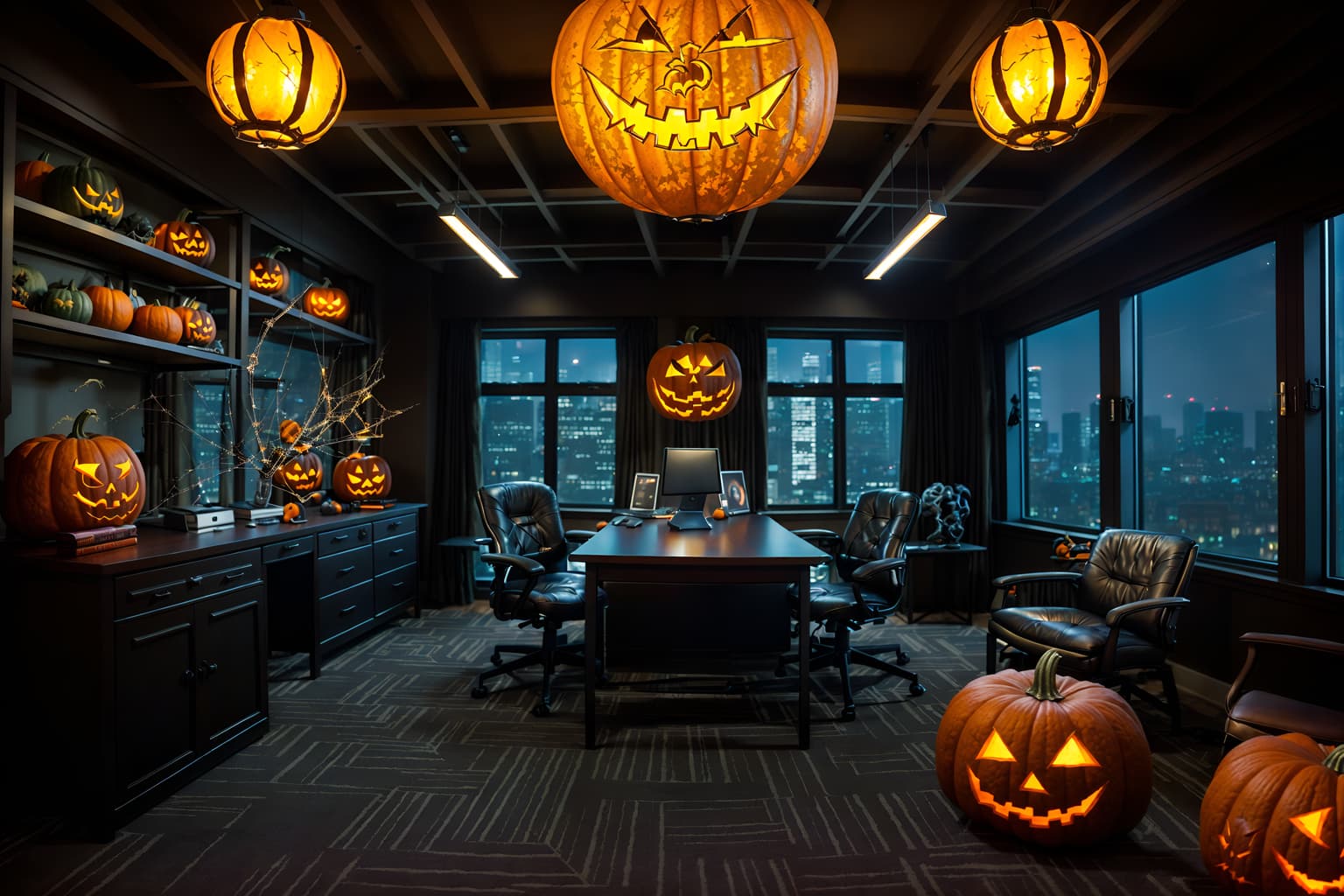halloween-style (office interior) with office chairs and computer desks and windows and cabinets and lounge chairs and desk lamps and office desks and plants. . with glowing pumpkins and cobwebs and lanterns and human skulls and lanterns and skeletons sitting and standing and spiderwebs and cobwebs. . cinematic photo, highly detailed, cinematic lighting, ultra-detailed, ultrarealistic, photorealism, 8k. halloween interior design style. masterpiece, cinematic light, ultrarealistic+, photorealistic+, 8k, raw photo, realistic, sharp focus on eyes, (symmetrical eyes), (intact eyes), hyperrealistic, highest quality, best quality, , highly detailed, masterpiece, best quality, extremely detailed 8k wallpaper, masterpiece, best quality, ultra-detailed, best shadow, detailed background, detailed face, detailed eyes, high contrast, best illumination, detailed face, dulux, caustic, dynamic angle, detailed glow. dramatic lighting. highly detailed, insanely detailed hair, symmetrical, intricate details, professionally retouched, 8k high definition. strong bokeh. award winning photo.