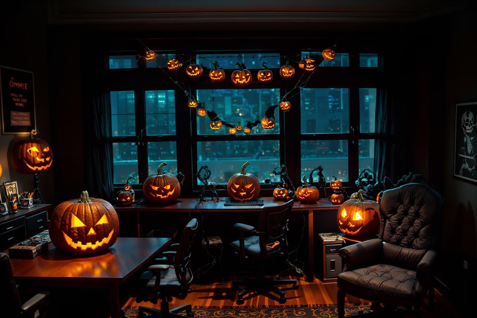 halloween-style (office interior) with office chairs and computer desks and windows and cabinets and lounge chairs and desk lamps and office desks and plants. . with glowing pumpkins and cobwebs and lanterns and human skulls and lanterns and skeletons sitting and standing and spiderwebs and cobwebs. . cinematic photo, highly detailed, cinematic lighting, ultra-detailed, ultrarealistic, photorealism, 8k. halloween interior design style. masterpiece, cinematic light, ultrarealistic+, photorealistic+, 8k, raw photo, realistic, sharp focus on eyes, (symmetrical eyes), (intact eyes), hyperrealistic, highest quality, best quality, , highly detailed, masterpiece, best quality, extremely detailed 8k wallpaper, masterpiece, best quality, ultra-detailed, best shadow, detailed background, detailed face, detailed eyes, high contrast, best illumination, detailed face, dulux, caustic, dynamic angle, detailed glow. dramatic lighting. highly detailed, insanely detailed hair, symmetrical, intricate details, professionally retouched, 8k high definition. strong bokeh. award winning photo.