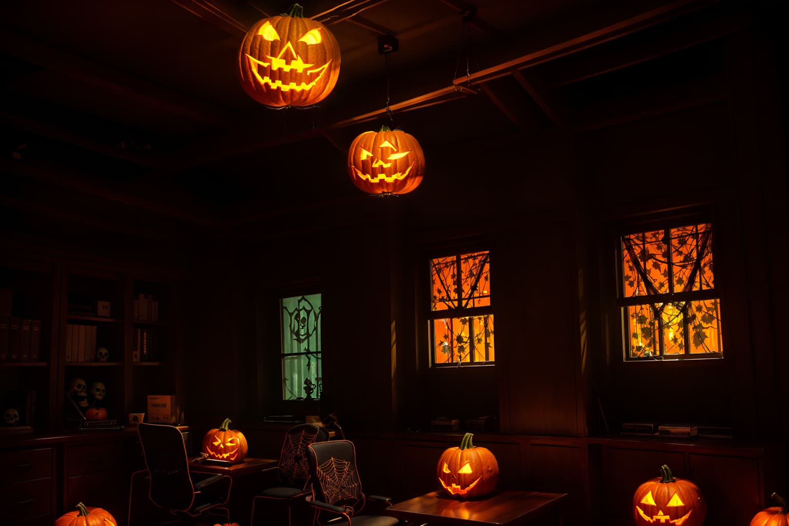 halloween-style (office interior) with office chairs and computer desks and windows and cabinets and lounge chairs and desk lamps and office desks and plants. . with glowing pumpkins and cobwebs and lanterns and human skulls and lanterns and skeletons sitting and standing and spiderwebs and cobwebs. . cinematic photo, highly detailed, cinematic lighting, ultra-detailed, ultrarealistic, photorealism, 8k. halloween interior design style. masterpiece, cinematic light, ultrarealistic+, photorealistic+, 8k, raw photo, realistic, sharp focus on eyes, (symmetrical eyes), (intact eyes), hyperrealistic, highest quality, best quality, , highly detailed, masterpiece, best quality, extremely detailed 8k wallpaper, masterpiece, best quality, ultra-detailed, best shadow, detailed background, detailed face, detailed eyes, high contrast, best illumination, detailed face, dulux, caustic, dynamic angle, detailed glow. dramatic lighting. highly detailed, insanely detailed hair, symmetrical, intricate details, professionally retouched, 8k high definition. strong bokeh. award winning photo.