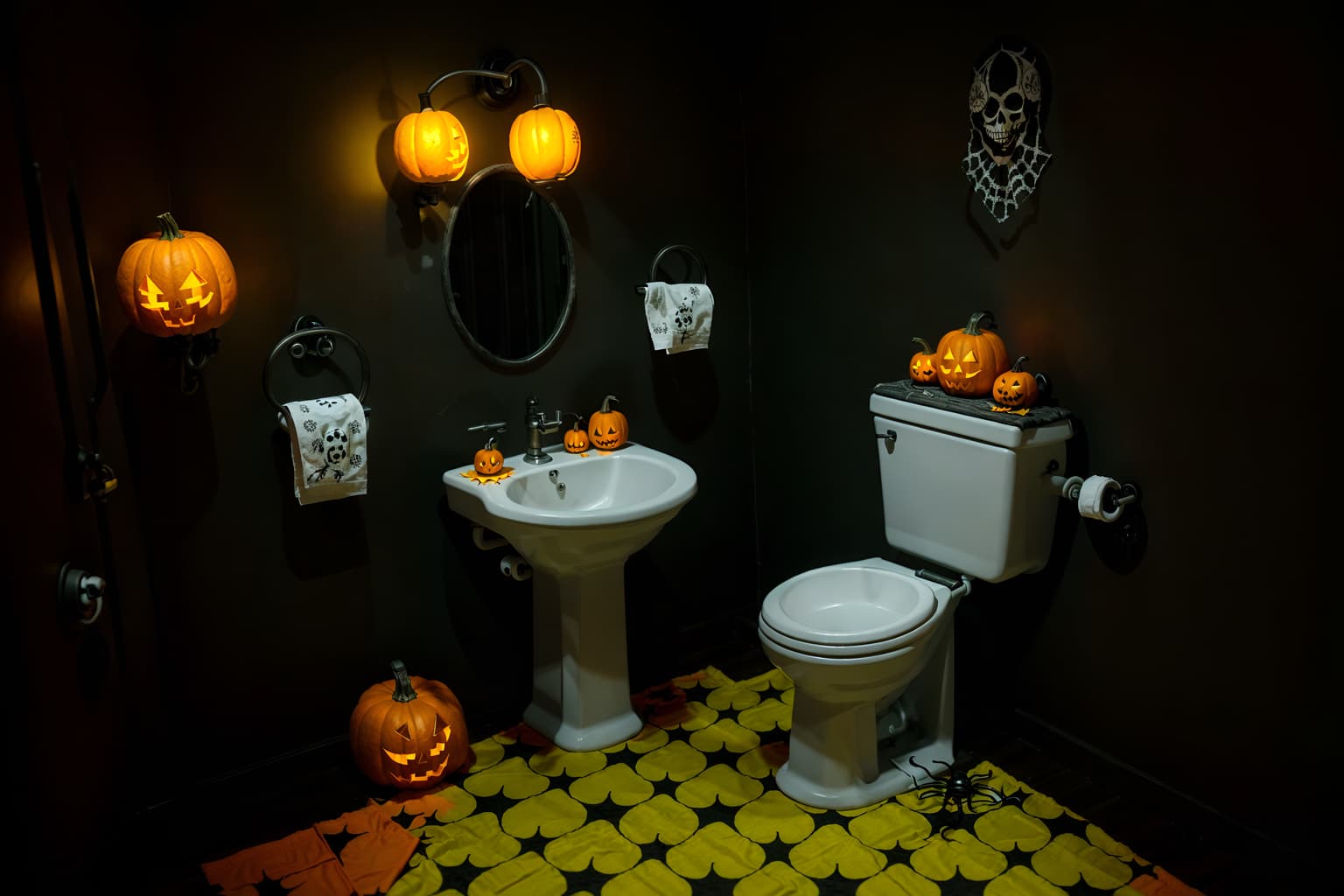 halloween-style (toilet interior) with sink with tap and toilet paper hanger and toilet with toilet seat up and sink with tap. . with yellow black balloons and lanterns and cobwebs and human skulls and lanterns and cobwebs and glowing pumpkins and spiderwebs. . cinematic photo, highly detailed, cinematic lighting, ultra-detailed, ultrarealistic, photorealism, 8k. halloween interior design style. masterpiece, cinematic light, ultrarealistic+, photorealistic+, 8k, raw photo, realistic, sharp focus on eyes, (symmetrical eyes), (intact eyes), hyperrealistic, highest quality, best quality, , highly detailed, masterpiece, best quality, extremely detailed 8k wallpaper, masterpiece, best quality, ultra-detailed, best shadow, detailed background, detailed face, detailed eyes, high contrast, best illumination, detailed face, dulux, caustic, dynamic angle, detailed glow. dramatic lighting. highly detailed, insanely detailed hair, symmetrical, intricate details, professionally retouched, 8k high definition. strong bokeh. award winning photo.