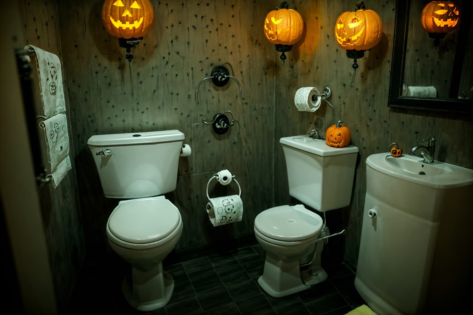 halloween-style (toilet interior) with sink with tap and toilet paper hanger and toilet with toilet seat up and sink with tap. . with yellow black balloons and lanterns and cobwebs and human skulls and lanterns and cobwebs and glowing pumpkins and spiderwebs. . cinematic photo, highly detailed, cinematic lighting, ultra-detailed, ultrarealistic, photorealism, 8k. halloween interior design style. masterpiece, cinematic light, ultrarealistic+, photorealistic+, 8k, raw photo, realistic, sharp focus on eyes, (symmetrical eyes), (intact eyes), hyperrealistic, highest quality, best quality, , highly detailed, masterpiece, best quality, extremely detailed 8k wallpaper, masterpiece, best quality, ultra-detailed, best shadow, detailed background, detailed face, detailed eyes, high contrast, best illumination, detailed face, dulux, caustic, dynamic angle, detailed glow. dramatic lighting. highly detailed, insanely detailed hair, symmetrical, intricate details, professionally retouched, 8k high definition. strong bokeh. award winning photo.