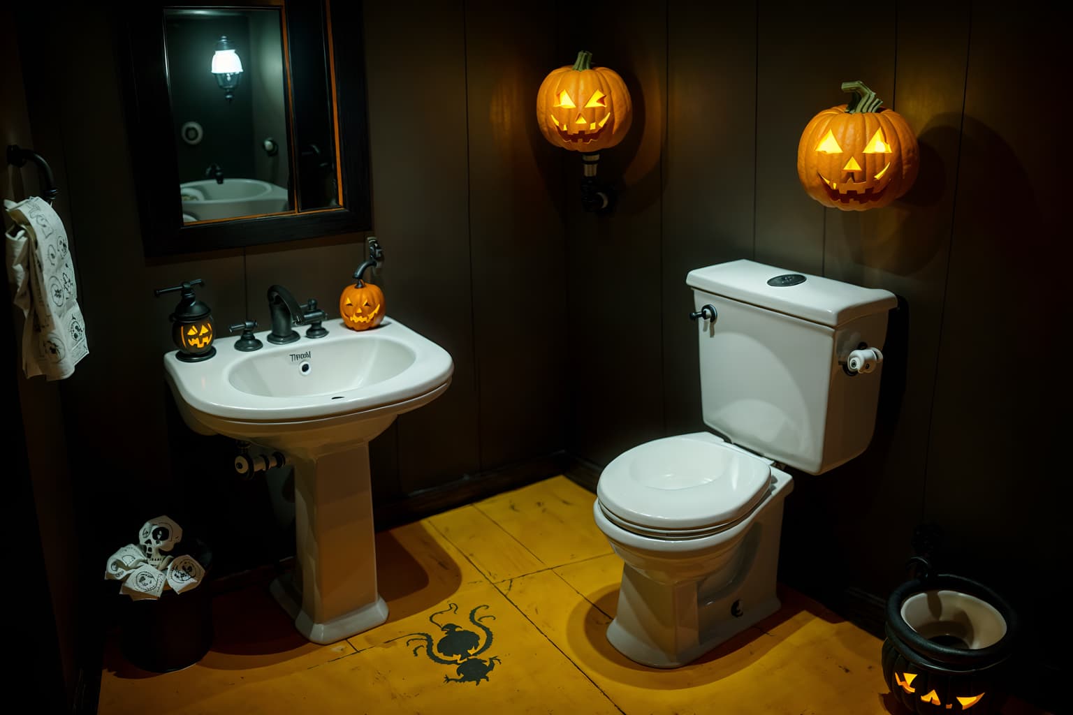halloween-style (toilet interior) with sink with tap and toilet paper hanger and toilet with toilet seat up and sink with tap. . with yellow black balloons and lanterns and cobwebs and human skulls and lanterns and cobwebs and glowing pumpkins and spiderwebs. . cinematic photo, highly detailed, cinematic lighting, ultra-detailed, ultrarealistic, photorealism, 8k. halloween interior design style. masterpiece, cinematic light, ultrarealistic+, photorealistic+, 8k, raw photo, realistic, sharp focus on eyes, (symmetrical eyes), (intact eyes), hyperrealistic, highest quality, best quality, , highly detailed, masterpiece, best quality, extremely detailed 8k wallpaper, masterpiece, best quality, ultra-detailed, best shadow, detailed background, detailed face, detailed eyes, high contrast, best illumination, detailed face, dulux, caustic, dynamic angle, detailed glow. dramatic lighting. highly detailed, insanely detailed hair, symmetrical, intricate details, professionally retouched, 8k high definition. strong bokeh. award winning photo.