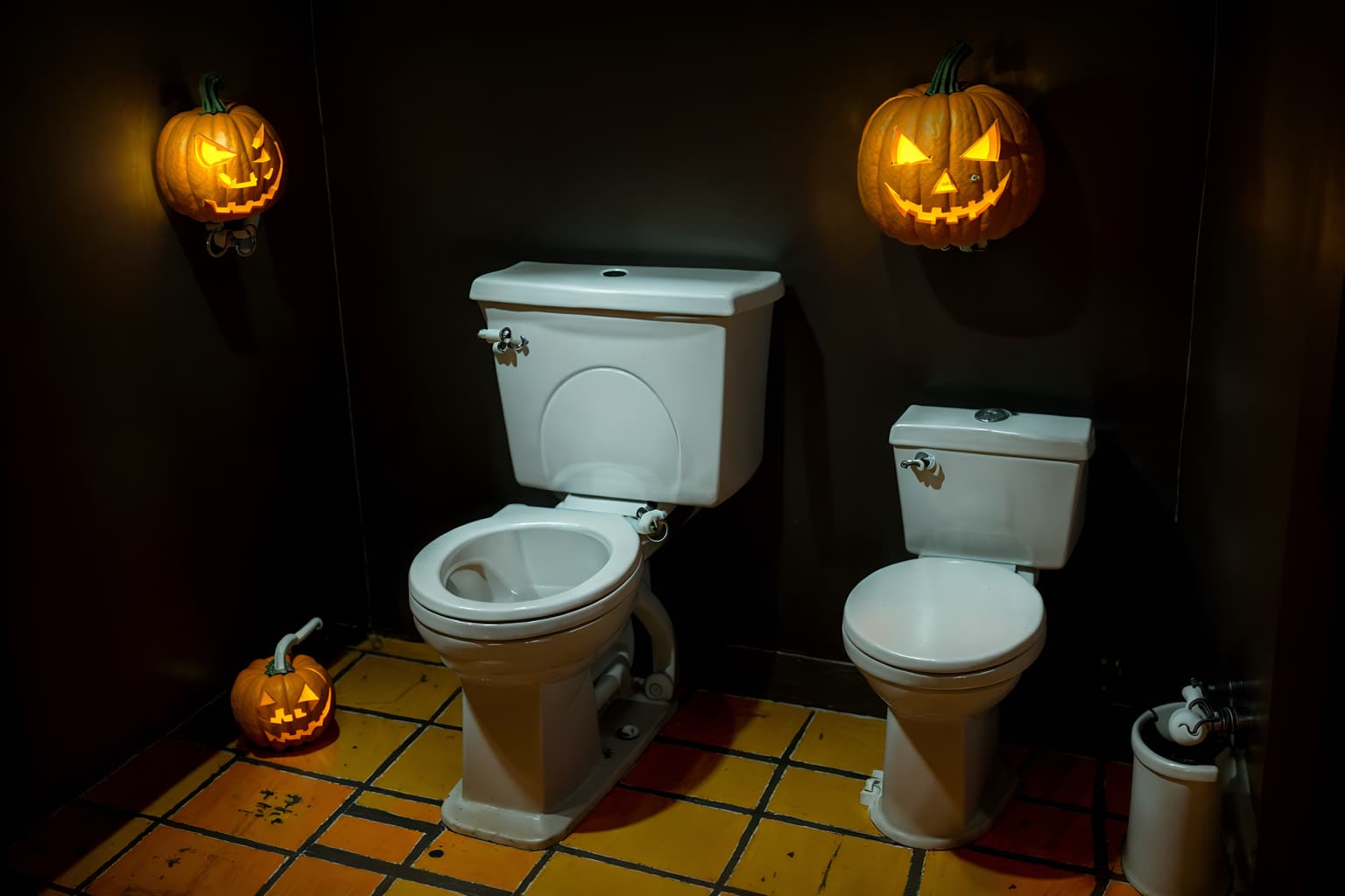 halloween-style (toilet interior) with sink with tap and toilet paper hanger and toilet with toilet seat up and sink with tap. . with yellow black balloons and lanterns and cobwebs and human skulls and lanterns and cobwebs and glowing pumpkins and spiderwebs. . cinematic photo, highly detailed, cinematic lighting, ultra-detailed, ultrarealistic, photorealism, 8k. halloween interior design style. masterpiece, cinematic light, ultrarealistic+, photorealistic+, 8k, raw photo, realistic, sharp focus on eyes, (symmetrical eyes), (intact eyes), hyperrealistic, highest quality, best quality, , highly detailed, masterpiece, best quality, extremely detailed 8k wallpaper, masterpiece, best quality, ultra-detailed, best shadow, detailed background, detailed face, detailed eyes, high contrast, best illumination, detailed face, dulux, caustic, dynamic angle, detailed glow. dramatic lighting. highly detailed, insanely detailed hair, symmetrical, intricate details, professionally retouched, 8k high definition. strong bokeh. award winning photo.
