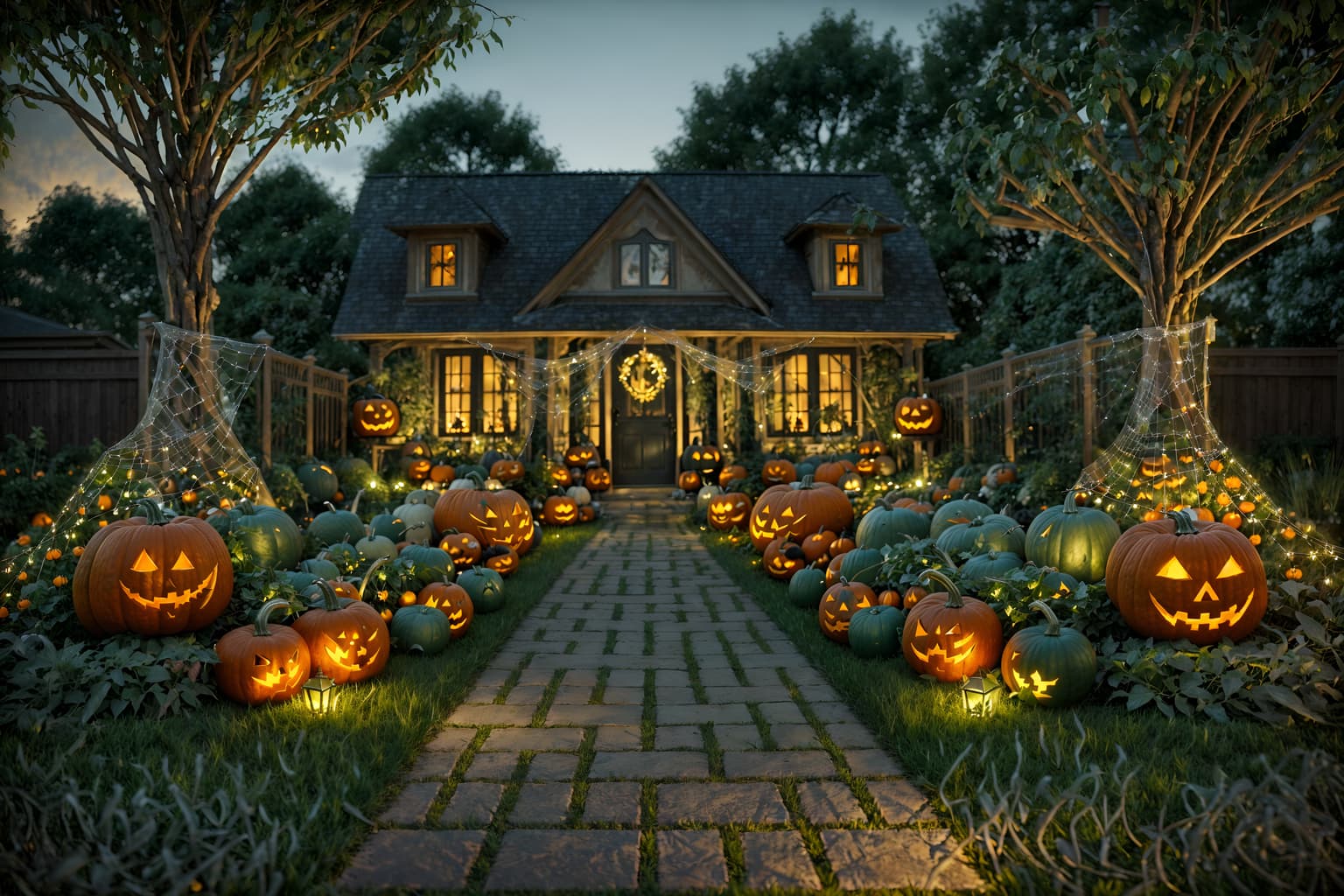 halloween-style designed (outdoor garden ) with garden plants and garden tree and grass and garden plants. . with glowing pumpkins and spiderwebs and lanterns and human skulls and lanterns and cobwebs and skeletons sitting and standing and yellow black balloons. . cinematic photo, highly detailed, cinematic lighting, ultra-detailed, ultrarealistic, photorealism, 8k. halloween design style. masterpiece, cinematic light, ultrarealistic+, photorealistic+, 8k, raw photo, realistic, sharp focus on eyes, (symmetrical eyes), (intact eyes), hyperrealistic, highest quality, best quality, , highly detailed, masterpiece, best quality, extremely detailed 8k wallpaper, masterpiece, best quality, ultra-detailed, best shadow, detailed background, detailed face, detailed eyes, high contrast, best illumination, detailed face, dulux, caustic, dynamic angle, detailed glow. dramatic lighting. highly detailed, insanely detailed hair, symmetrical, intricate details, professionally retouched, 8k high definition. strong bokeh. award winning photo.