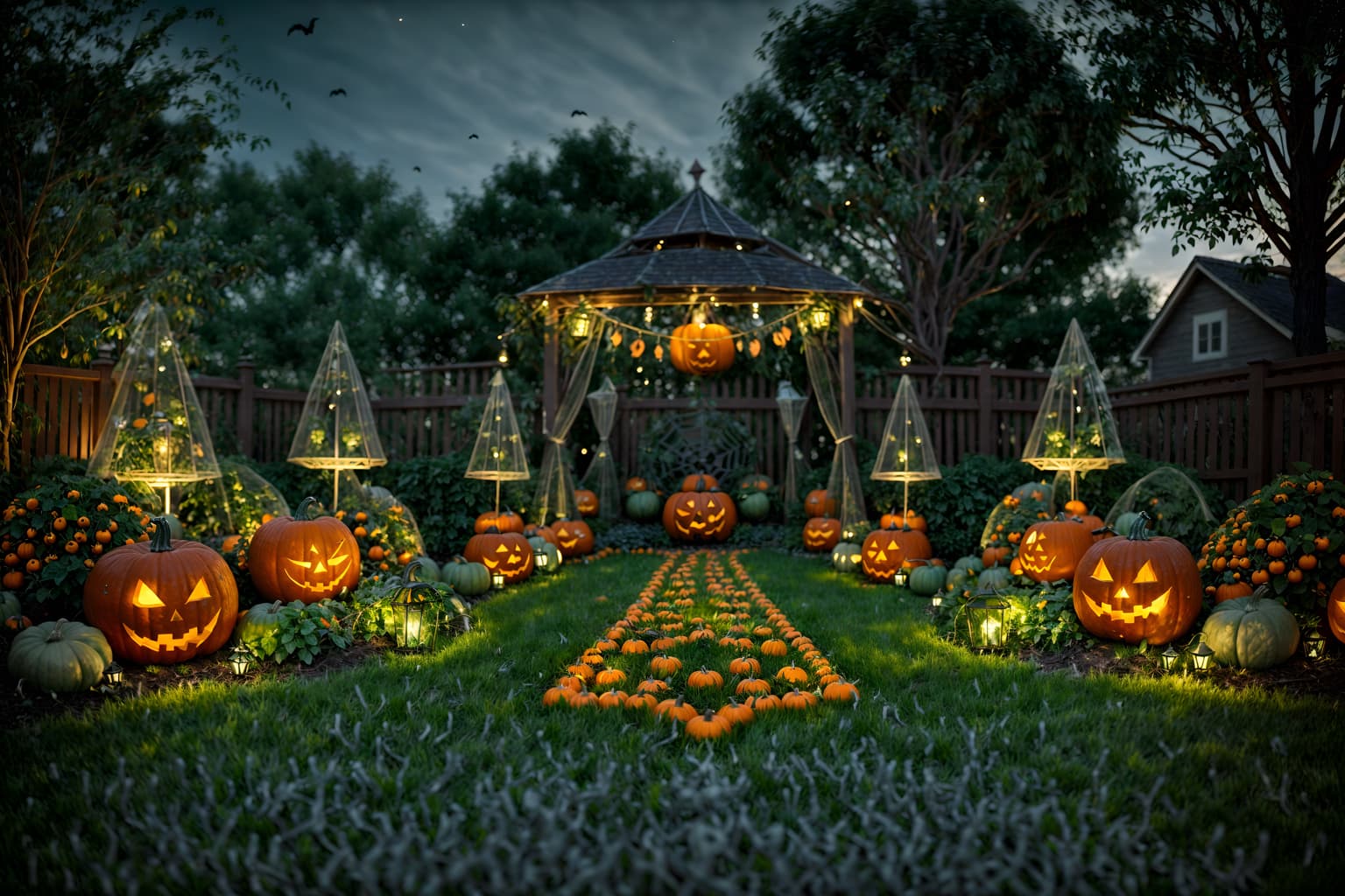 halloween-style designed (outdoor garden ) with garden plants and garden tree and grass and garden plants. . with glowing pumpkins and spiderwebs and lanterns and human skulls and lanterns and cobwebs and skeletons sitting and standing and yellow black balloons. . cinematic photo, highly detailed, cinematic lighting, ultra-detailed, ultrarealistic, photorealism, 8k. halloween design style. masterpiece, cinematic light, ultrarealistic+, photorealistic+, 8k, raw photo, realistic, sharp focus on eyes, (symmetrical eyes), (intact eyes), hyperrealistic, highest quality, best quality, , highly detailed, masterpiece, best quality, extremely detailed 8k wallpaper, masterpiece, best quality, ultra-detailed, best shadow, detailed background, detailed face, detailed eyes, high contrast, best illumination, detailed face, dulux, caustic, dynamic angle, detailed glow. dramatic lighting. highly detailed, insanely detailed hair, symmetrical, intricate details, professionally retouched, 8k high definition. strong bokeh. award winning photo.