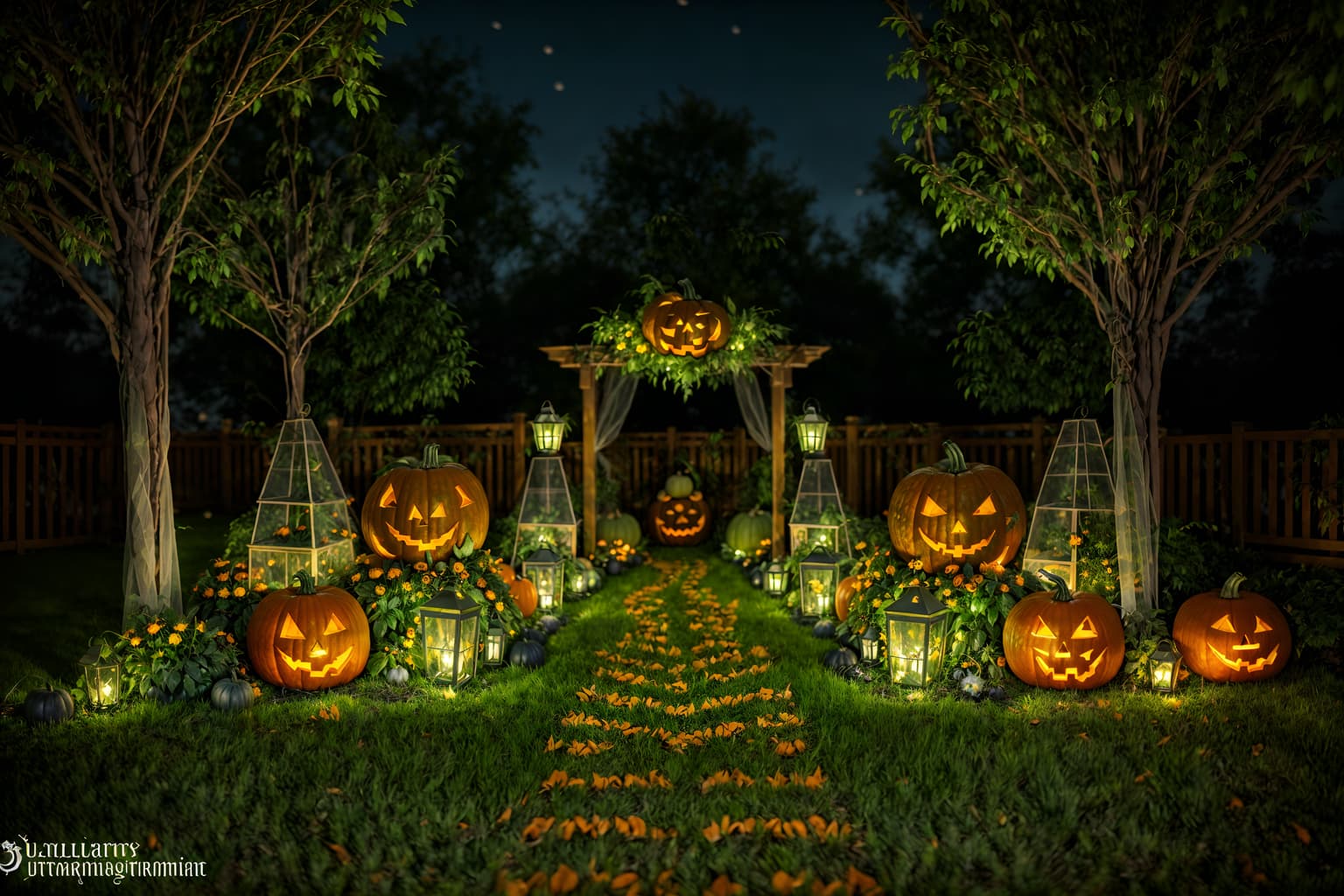 halloween-style designed (outdoor garden ) with garden plants and garden tree and grass and garden plants. . with glowing pumpkins and spiderwebs and lanterns and human skulls and lanterns and cobwebs and skeletons sitting and standing and yellow black balloons. . cinematic photo, highly detailed, cinematic lighting, ultra-detailed, ultrarealistic, photorealism, 8k. halloween design style. masterpiece, cinematic light, ultrarealistic+, photorealistic+, 8k, raw photo, realistic, sharp focus on eyes, (symmetrical eyes), (intact eyes), hyperrealistic, highest quality, best quality, , highly detailed, masterpiece, best quality, extremely detailed 8k wallpaper, masterpiece, best quality, ultra-detailed, best shadow, detailed background, detailed face, detailed eyes, high contrast, best illumination, detailed face, dulux, caustic, dynamic angle, detailed glow. dramatic lighting. highly detailed, insanely detailed hair, symmetrical, intricate details, professionally retouched, 8k high definition. strong bokeh. award winning photo.
