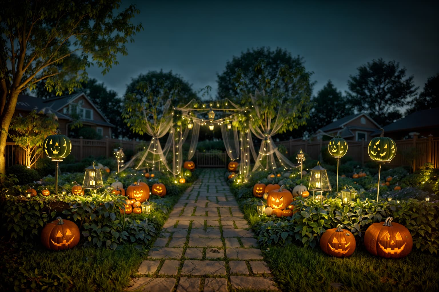 halloween-style designed (outdoor garden ) with garden plants and garden tree and grass and garden plants. . with glowing pumpkins and spiderwebs and lanterns and human skulls and lanterns and cobwebs and skeletons sitting and standing and yellow black balloons. . cinematic photo, highly detailed, cinematic lighting, ultra-detailed, ultrarealistic, photorealism, 8k. halloween design style. masterpiece, cinematic light, ultrarealistic+, photorealistic+, 8k, raw photo, realistic, sharp focus on eyes, (symmetrical eyes), (intact eyes), hyperrealistic, highest quality, best quality, , highly detailed, masterpiece, best quality, extremely detailed 8k wallpaper, masterpiece, best quality, ultra-detailed, best shadow, detailed background, detailed face, detailed eyes, high contrast, best illumination, detailed face, dulux, caustic, dynamic angle, detailed glow. dramatic lighting. highly detailed, insanely detailed hair, symmetrical, intricate details, professionally retouched, 8k high definition. strong bokeh. award winning photo.