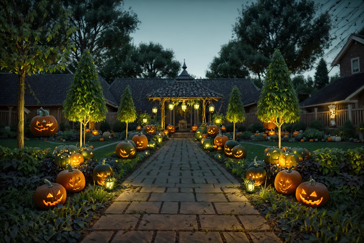 halloween-style designed (outdoor garden ) with garden plants and garden tree and grass and garden plants. . with glowing pumpkins and spiderwebs and lanterns and human skulls and lanterns and cobwebs and skeletons sitting and standing and yellow black balloons. . cinematic photo, highly detailed, cinematic lighting, ultra-detailed, ultrarealistic, photorealism, 8k. halloween design style. masterpiece, cinematic light, ultrarealistic+, photorealistic+, 8k, raw photo, realistic, sharp focus on eyes, (symmetrical eyes), (intact eyes), hyperrealistic, highest quality, best quality, , highly detailed, masterpiece, best quality, extremely detailed 8k wallpaper, masterpiece, best quality, ultra-detailed, best shadow, detailed background, detailed face, detailed eyes, high contrast, best illumination, detailed face, dulux, caustic, dynamic angle, detailed glow. dramatic lighting. highly detailed, insanely detailed hair, symmetrical, intricate details, professionally retouched, 8k high definition. strong bokeh. award winning photo.