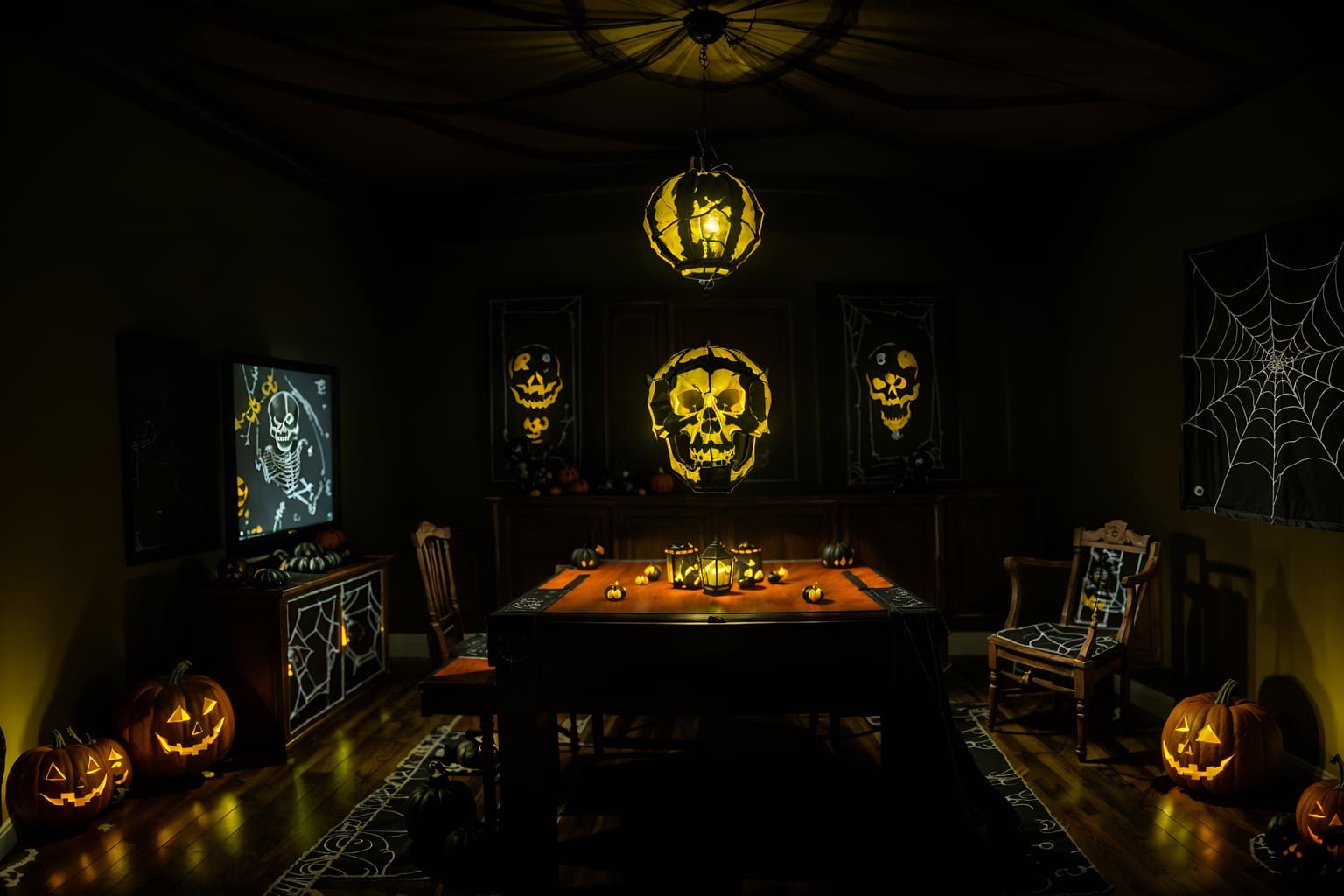 halloween-style (gaming room interior) . with human skulls and yellow black balloons and lanterns and cobwebs and skeletons sitting and standing and cobwebs and lanterns and glowing pumpkins. . cinematic photo, highly detailed, cinematic lighting, ultra-detailed, ultrarealistic, photorealism, 8k. halloween interior design style. masterpiece, cinematic light, ultrarealistic+, photorealistic+, 8k, raw photo, realistic, sharp focus on eyes, (symmetrical eyes), (intact eyes), hyperrealistic, highest quality, best quality, , highly detailed, masterpiece, best quality, extremely detailed 8k wallpaper, masterpiece, best quality, ultra-detailed, best shadow, detailed background, detailed face, detailed eyes, high contrast, best illumination, detailed face, dulux, caustic, dynamic angle, detailed glow. dramatic lighting. highly detailed, insanely detailed hair, symmetrical, intricate details, professionally retouched, 8k high definition. strong bokeh. award winning photo.