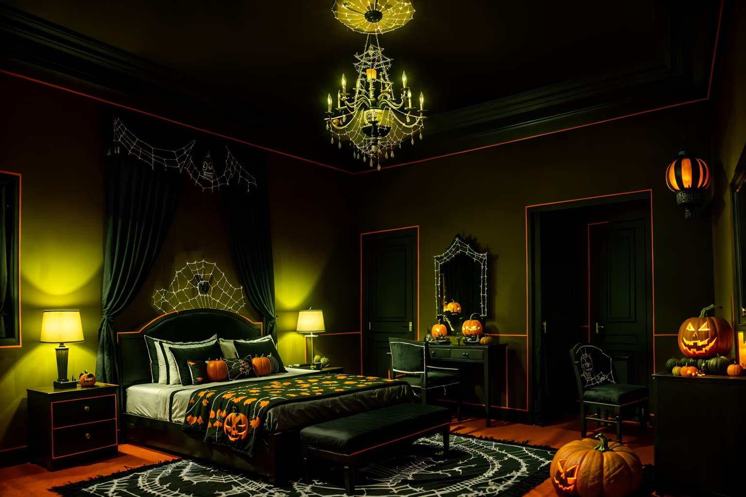 halloween-style (hotel room interior) with bed and storage bench or ottoman and hotel bathroom and accent chair and plant and night light and mirror and headboard. . with lanterns and skeletons sitting and standing and spiderwebs and glowing pumpkins and yellow black balloons and lanterns and cobwebs and human skulls. . cinematic photo, highly detailed, cinematic lighting, ultra-detailed, ultrarealistic, photorealism, 8k. halloween interior design style. masterpiece, cinematic light, ultrarealistic+, photorealistic+, 8k, raw photo, realistic, sharp focus on eyes, (symmetrical eyes), (intact eyes), hyperrealistic, highest quality, best quality, , highly detailed, masterpiece, best quality, extremely detailed 8k wallpaper, masterpiece, best quality, ultra-detailed, best shadow, detailed background, detailed face, detailed eyes, high contrast, best illumination, detailed face, dulux, caustic, dynamic angle, detailed glow. dramatic lighting. highly detailed, insanely detailed hair, symmetrical, intricate details, professionally retouched, 8k high definition. strong bokeh. award winning photo.