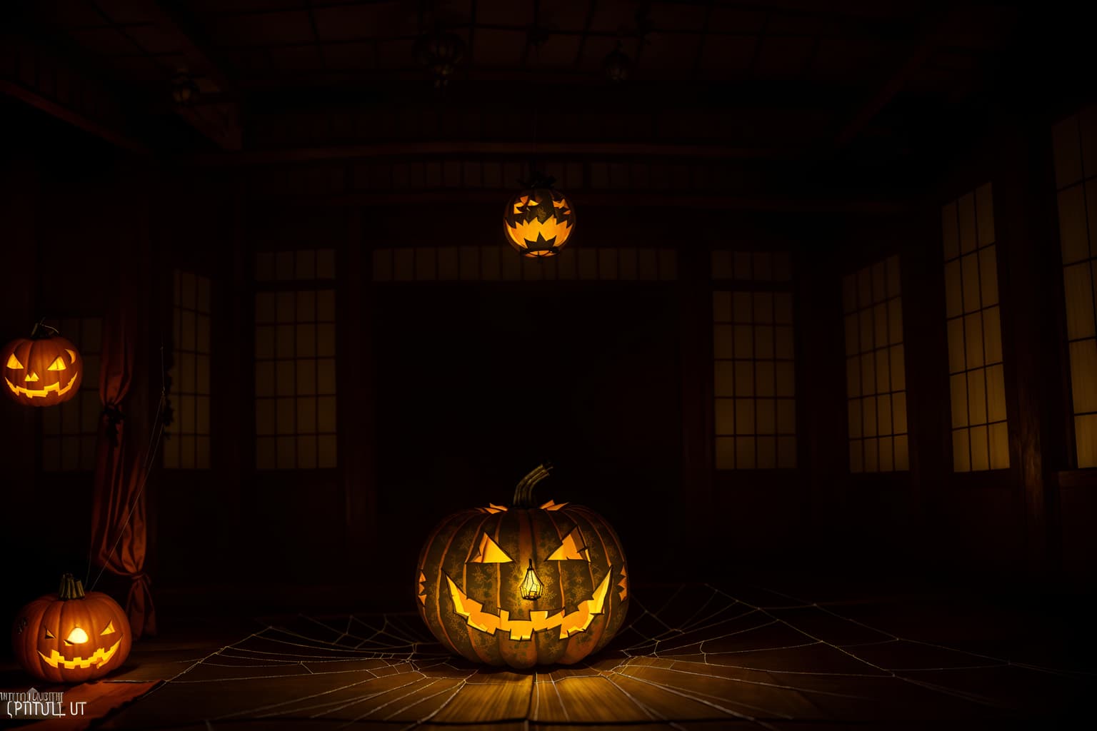 halloween-style (onsen interior) . with cobwebs and yellow black balloons and lanterns and glowing pumpkins and cobwebs and lanterns and skeletons sitting and standing and spiderwebs. . cinematic photo, highly detailed, cinematic lighting, ultra-detailed, ultrarealistic, photorealism, 8k. halloween interior design style. masterpiece, cinematic light, ultrarealistic+, photorealistic+, 8k, raw photo, realistic, sharp focus on eyes, (symmetrical eyes), (intact eyes), hyperrealistic, highest quality, best quality, , highly detailed, masterpiece, best quality, extremely detailed 8k wallpaper, masterpiece, best quality, ultra-detailed, best shadow, detailed background, detailed face, detailed eyes, high contrast, best illumination, detailed face, dulux, caustic, dynamic angle, detailed glow. dramatic lighting. highly detailed, insanely detailed hair, symmetrical, intricate details, professionally retouched, 8k high definition. strong bokeh. award winning photo.