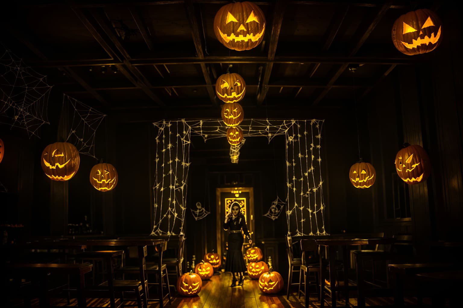 halloween-style (coffee shop interior) . with glowing pumpkins and spiderwebs and human skulls and lanterns and skeletons sitting and standing and yellow black balloons and cobwebs and cobwebs. . cinematic photo, highly detailed, cinematic lighting, ultra-detailed, ultrarealistic, photorealism, 8k. halloween interior design style. masterpiece, cinematic light, ultrarealistic+, photorealistic+, 8k, raw photo, realistic, sharp focus on eyes, (symmetrical eyes), (intact eyes), hyperrealistic, highest quality, best quality, , highly detailed, masterpiece, best quality, extremely detailed 8k wallpaper, masterpiece, best quality, ultra-detailed, best shadow, detailed background, detailed face, detailed eyes, high contrast, best illumination, detailed face, dulux, caustic, dynamic angle, detailed glow. dramatic lighting. highly detailed, insanely detailed hair, symmetrical, intricate details, professionally retouched, 8k high definition. strong bokeh. award winning photo.