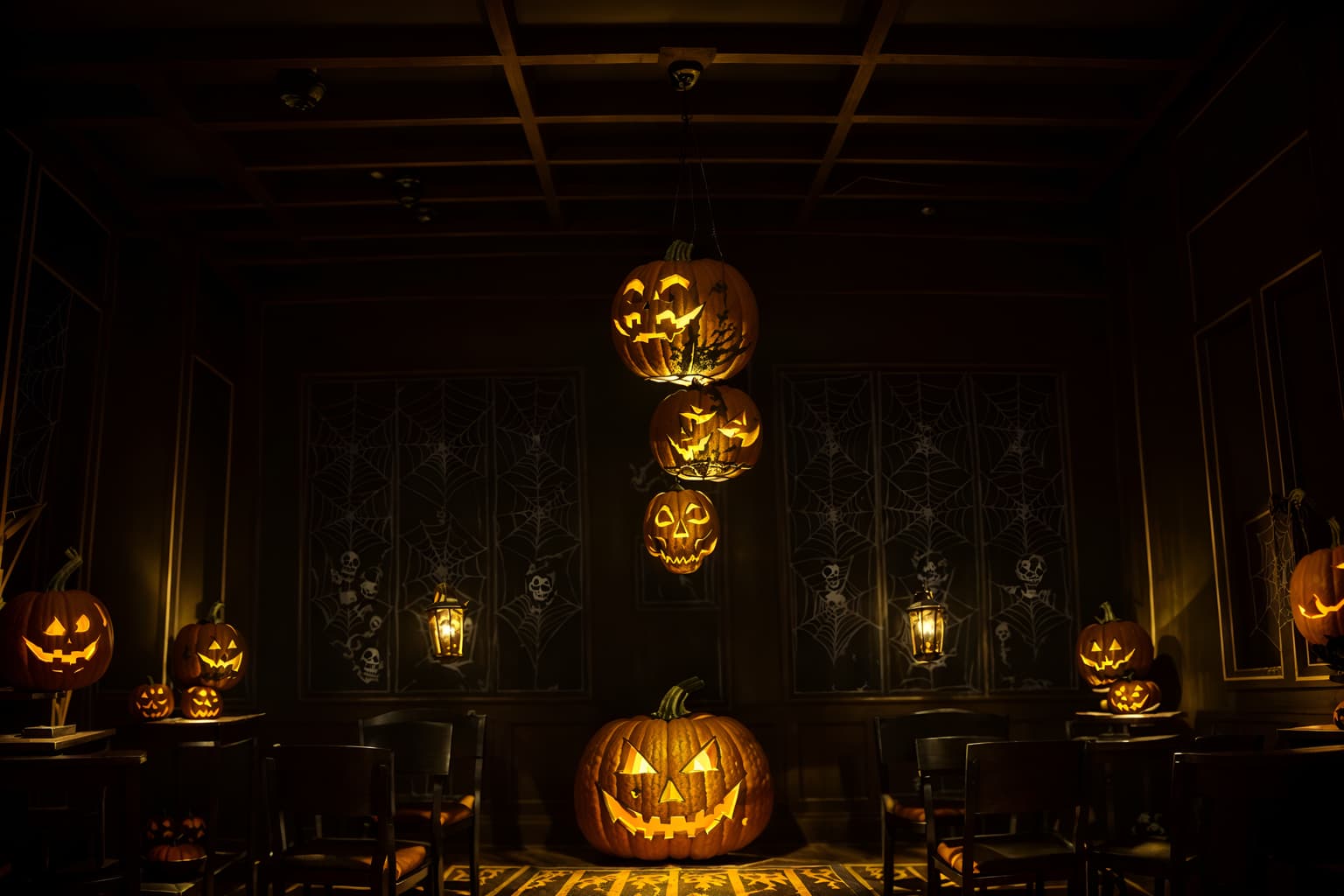 halloween-style (coffee shop interior) . with glowing pumpkins and spiderwebs and human skulls and lanterns and skeletons sitting and standing and yellow black balloons and cobwebs and cobwebs. . cinematic photo, highly detailed, cinematic lighting, ultra-detailed, ultrarealistic, photorealism, 8k. halloween interior design style. masterpiece, cinematic light, ultrarealistic+, photorealistic+, 8k, raw photo, realistic, sharp focus on eyes, (symmetrical eyes), (intact eyes), hyperrealistic, highest quality, best quality, , highly detailed, masterpiece, best quality, extremely detailed 8k wallpaper, masterpiece, best quality, ultra-detailed, best shadow, detailed background, detailed face, detailed eyes, high contrast, best illumination, detailed face, dulux, caustic, dynamic angle, detailed glow. dramatic lighting. highly detailed, insanely detailed hair, symmetrical, intricate details, professionally retouched, 8k high definition. strong bokeh. award winning photo.