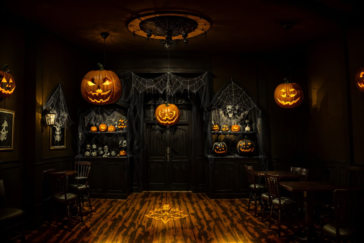 halloween-style (coffee shop interior) . with glowing pumpkins and spiderwebs and human skulls and lanterns and skeletons sitting and standing and yellow black balloons and cobwebs and cobwebs. . cinematic photo, highly detailed, cinematic lighting, ultra-detailed, ultrarealistic, photorealism, 8k. halloween interior design style. masterpiece, cinematic light, ultrarealistic+, photorealistic+, 8k, raw photo, realistic, sharp focus on eyes, (symmetrical eyes), (intact eyes), hyperrealistic, highest quality, best quality, , highly detailed, masterpiece, best quality, extremely detailed 8k wallpaper, masterpiece, best quality, ultra-detailed, best shadow, detailed background, detailed face, detailed eyes, high contrast, best illumination, detailed face, dulux, caustic, dynamic angle, detailed glow. dramatic lighting. highly detailed, insanely detailed hair, symmetrical, intricate details, professionally retouched, 8k high definition. strong bokeh. award winning photo.