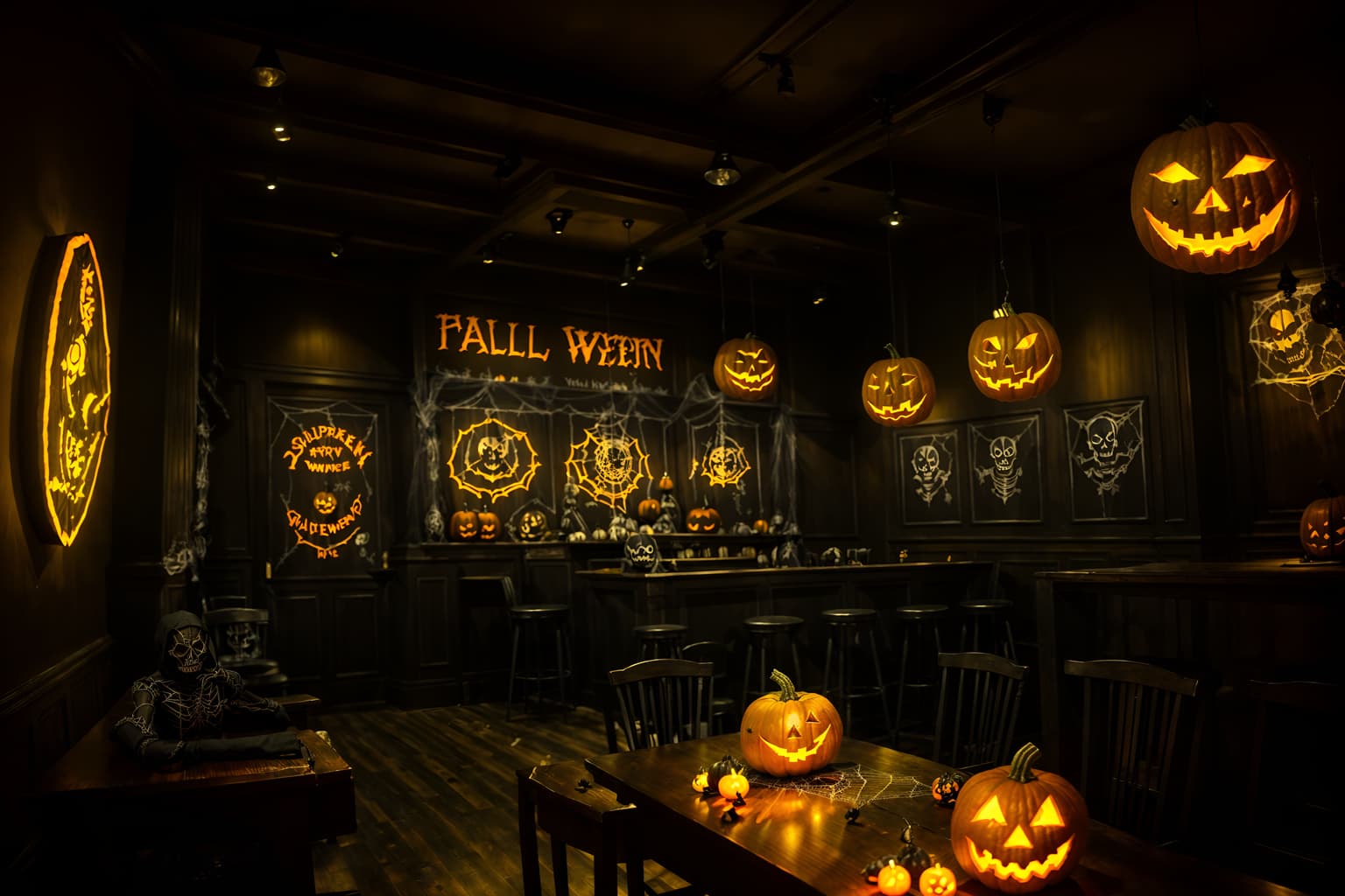halloween-style (coffee shop interior) . with glowing pumpkins and spiderwebs and human skulls and lanterns and skeletons sitting and standing and yellow black balloons and cobwebs and cobwebs. . cinematic photo, highly detailed, cinematic lighting, ultra-detailed, ultrarealistic, photorealism, 8k. halloween interior design style. masterpiece, cinematic light, ultrarealistic+, photorealistic+, 8k, raw photo, realistic, sharp focus on eyes, (symmetrical eyes), (intact eyes), hyperrealistic, highest quality, best quality, , highly detailed, masterpiece, best quality, extremely detailed 8k wallpaper, masterpiece, best quality, ultra-detailed, best shadow, detailed background, detailed face, detailed eyes, high contrast, best illumination, detailed face, dulux, caustic, dynamic angle, detailed glow. dramatic lighting. highly detailed, insanely detailed hair, symmetrical, intricate details, professionally retouched, 8k high definition. strong bokeh. award winning photo.
