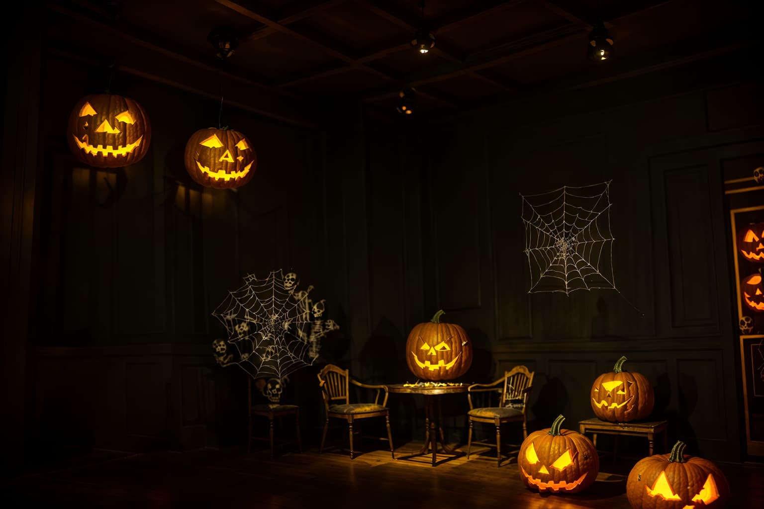 halloween-style (coffee shop interior) . with glowing pumpkins and spiderwebs and human skulls and lanterns and skeletons sitting and standing and yellow black balloons and cobwebs and cobwebs. . cinematic photo, highly detailed, cinematic lighting, ultra-detailed, ultrarealistic, photorealism, 8k. halloween interior design style. masterpiece, cinematic light, ultrarealistic+, photorealistic+, 8k, raw photo, realistic, sharp focus on eyes, (symmetrical eyes), (intact eyes), hyperrealistic, highest quality, best quality, , highly detailed, masterpiece, best quality, extremely detailed 8k wallpaper, masterpiece, best quality, ultra-detailed, best shadow, detailed background, detailed face, detailed eyes, high contrast, best illumination, detailed face, dulux, caustic, dynamic angle, detailed glow. dramatic lighting. highly detailed, insanely detailed hair, symmetrical, intricate details, professionally retouched, 8k high definition. strong bokeh. award winning photo.