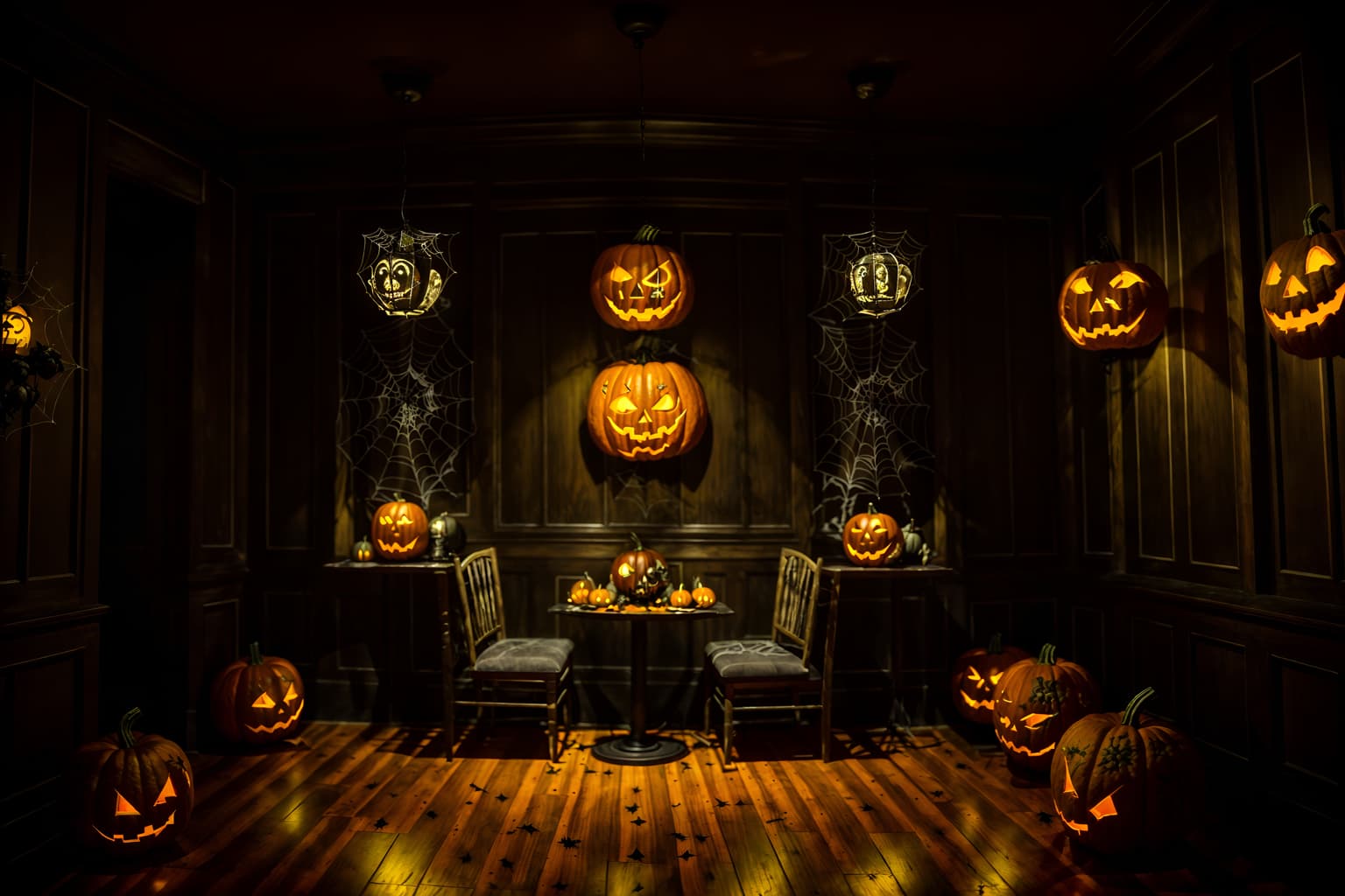 halloween-style (coffee shop interior) . with glowing pumpkins and spiderwebs and human skulls and lanterns and skeletons sitting and standing and yellow black balloons and cobwebs and cobwebs. . cinematic photo, highly detailed, cinematic lighting, ultra-detailed, ultrarealistic, photorealism, 8k. halloween interior design style. masterpiece, cinematic light, ultrarealistic+, photorealistic+, 8k, raw photo, realistic, sharp focus on eyes, (symmetrical eyes), (intact eyes), hyperrealistic, highest quality, best quality, , highly detailed, masterpiece, best quality, extremely detailed 8k wallpaper, masterpiece, best quality, ultra-detailed, best shadow, detailed background, detailed face, detailed eyes, high contrast, best illumination, detailed face, dulux, caustic, dynamic angle, detailed glow. dramatic lighting. highly detailed, insanely detailed hair, symmetrical, intricate details, professionally retouched, 8k high definition. strong bokeh. award winning photo.