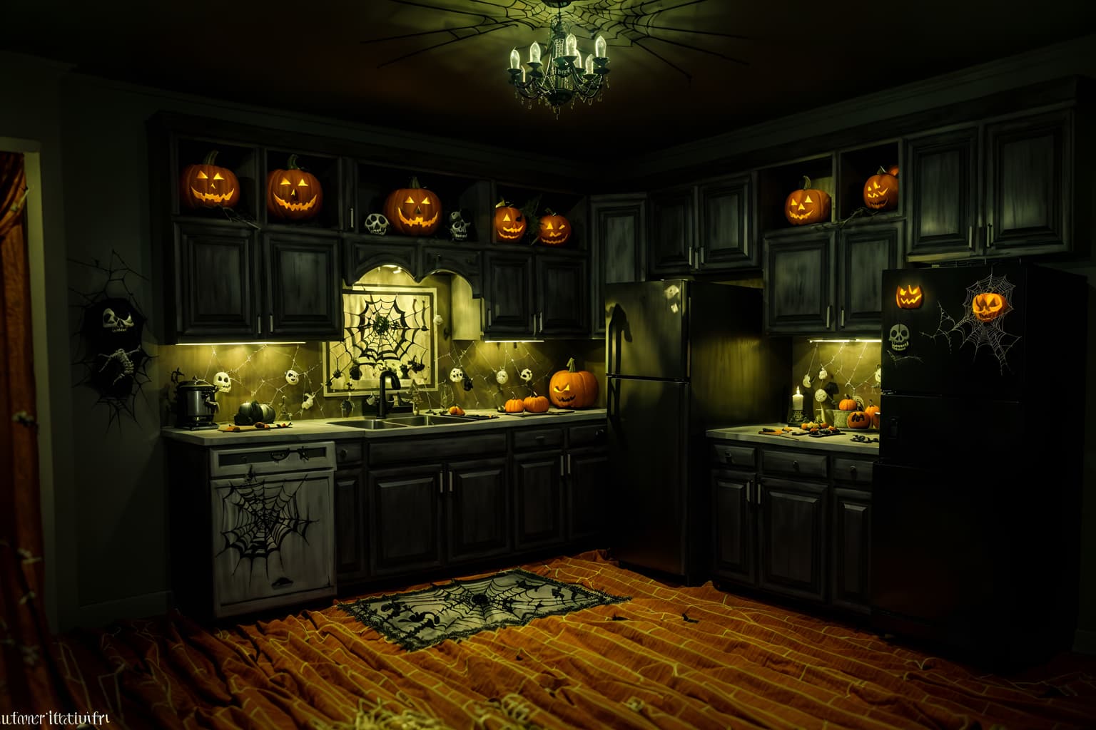 halloween-style (kitchen interior) with kitchen cabinets and refrigerator and sink and stove and worktops and plant and kitchen cabinets. . with cobwebs and lanterns and skeletons sitting and standing and glowing pumpkins and lanterns and cobwebs and spiderwebs and human skulls. . cinematic photo, highly detailed, cinematic lighting, ultra-detailed, ultrarealistic, photorealism, 8k. halloween interior design style. masterpiece, cinematic light, ultrarealistic+, photorealistic+, 8k, raw photo, realistic, sharp focus on eyes, (symmetrical eyes), (intact eyes), hyperrealistic, highest quality, best quality, , highly detailed, masterpiece, best quality, extremely detailed 8k wallpaper, masterpiece, best quality, ultra-detailed, best shadow, detailed background, detailed face, detailed eyes, high contrast, best illumination, detailed face, dulux, caustic, dynamic angle, detailed glow. dramatic lighting. highly detailed, insanely detailed hair, symmetrical, intricate details, professionally retouched, 8k high definition. strong bokeh. award winning photo.