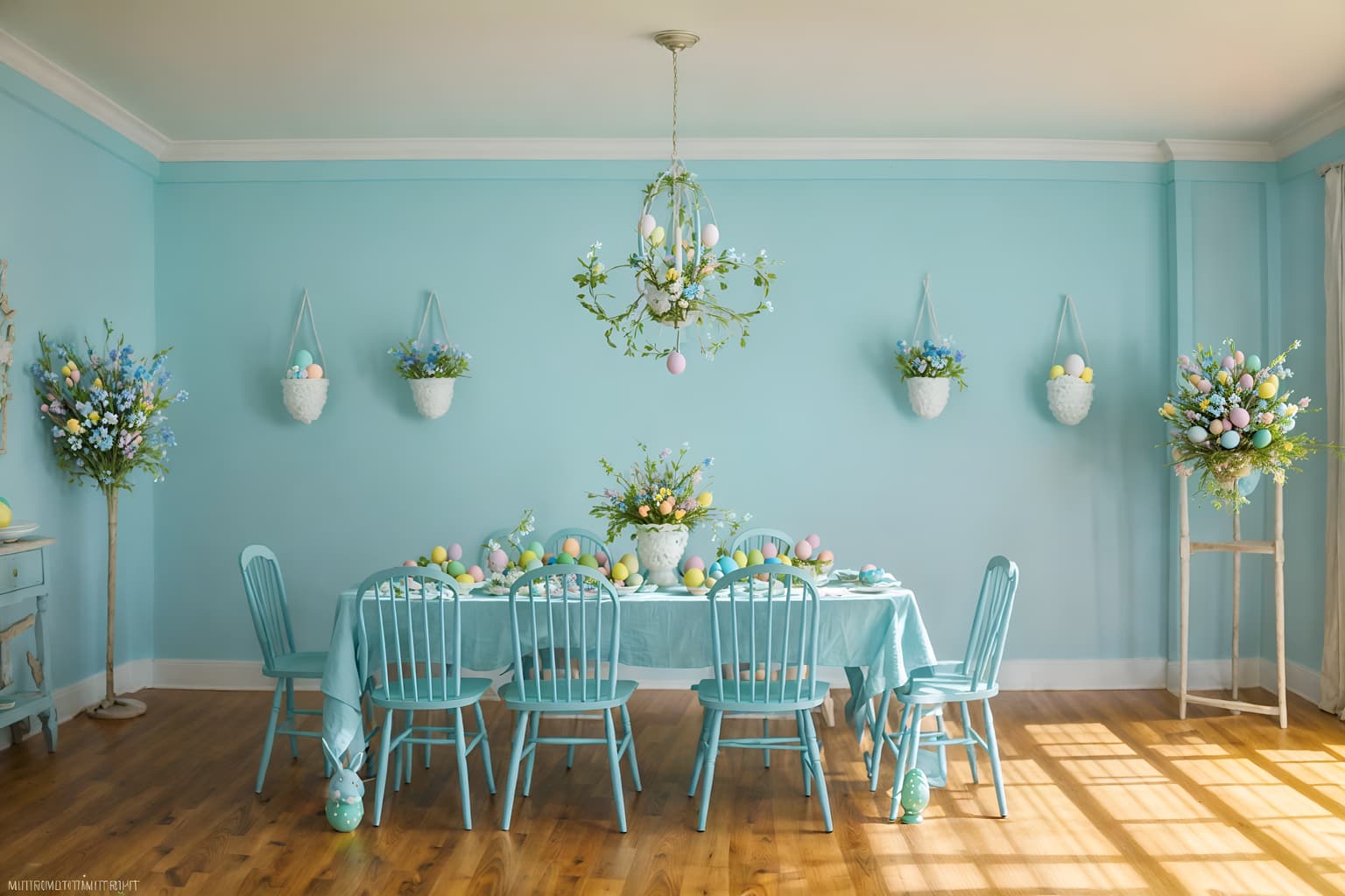 easter-style (exhibition space interior) . with easter decorations and light blue colors and flowers on table and spring decorations and colorful easter eggs and easter decorations. . cinematic photo, highly detailed, cinematic lighting, ultra-detailed, ultrarealistic, photorealism, 8k. easter interior design style. masterpiece, cinematic light, ultrarealistic+, photorealistic+, 8k, raw photo, realistic, sharp focus on eyes, (symmetrical eyes), (intact eyes), hyperrealistic, highest quality, best quality, , highly detailed, masterpiece, best quality, extremely detailed 8k wallpaper, masterpiece, best quality, ultra-detailed, best shadow, detailed background, detailed face, detailed eyes, high contrast, best illumination, detailed face, dulux, caustic, dynamic angle, detailed glow. dramatic lighting. highly detailed, insanely detailed hair, symmetrical, intricate details, professionally retouched, 8k high definition. strong bokeh. award winning photo.