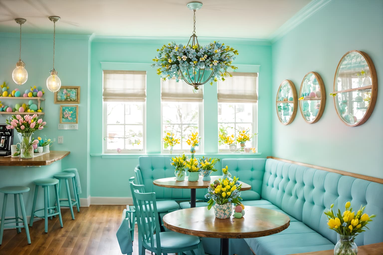 easter-style (coffee shop interior) . with light blue colors and spring decorations and easter decorations and flowers on table and colorful easter eggs and light blue colors. . cinematic photo, highly detailed, cinematic lighting, ultra-detailed, ultrarealistic, photorealism, 8k. easter interior design style. masterpiece, cinematic light, ultrarealistic+, photorealistic+, 8k, raw photo, realistic, sharp focus on eyes, (symmetrical eyes), (intact eyes), hyperrealistic, highest quality, best quality, , highly detailed, masterpiece, best quality, extremely detailed 8k wallpaper, masterpiece, best quality, ultra-detailed, best shadow, detailed background, detailed face, detailed eyes, high contrast, best illumination, detailed face, dulux, caustic, dynamic angle, detailed glow. dramatic lighting. highly detailed, insanely detailed hair, symmetrical, intricate details, professionally retouched, 8k high definition. strong bokeh. award winning photo.