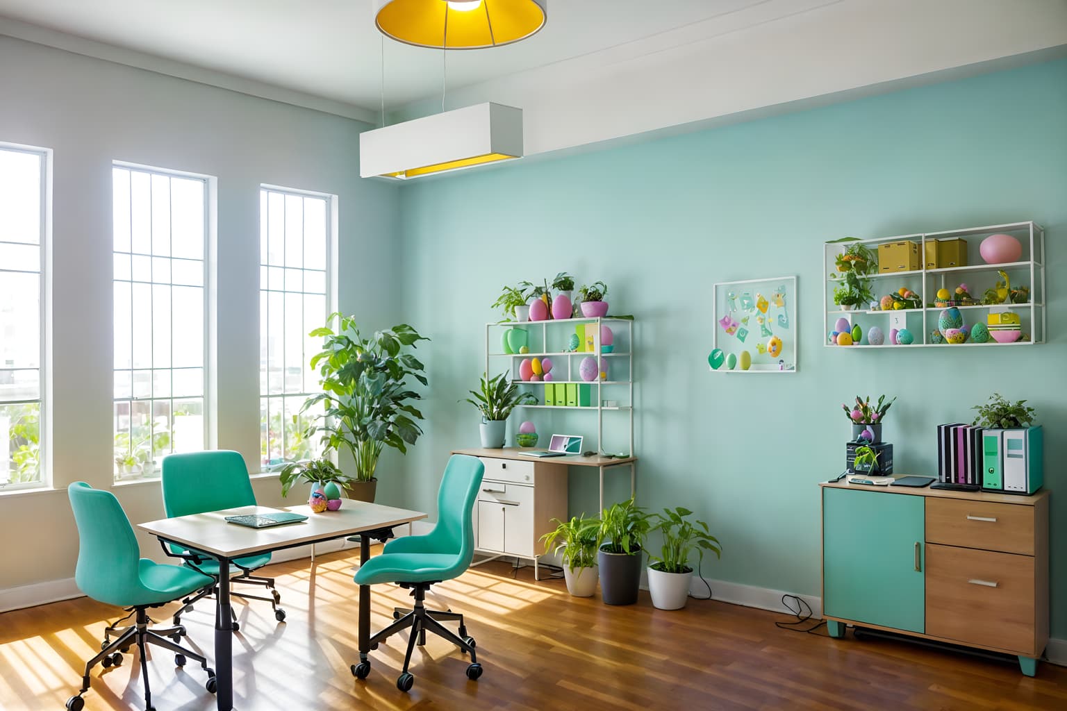easter-style (office interior) with plants and computer desks and office chairs and office desks and lounge chairs and cabinets and desk lamps and windows. . with colorful easter eggs and light blue colors and spring decorations and easter decorations and flowers on table and colorful easter eggs. . cinematic photo, highly detailed, cinematic lighting, ultra-detailed, ultrarealistic, photorealism, 8k. easter interior design style. masterpiece, cinematic light, ultrarealistic+, photorealistic+, 8k, raw photo, realistic, sharp focus on eyes, (symmetrical eyes), (intact eyes), hyperrealistic, highest quality, best quality, , highly detailed, masterpiece, best quality, extremely detailed 8k wallpaper, masterpiece, best quality, ultra-detailed, best shadow, detailed background, detailed face, detailed eyes, high contrast, best illumination, detailed face, dulux, caustic, dynamic angle, detailed glow. dramatic lighting. highly detailed, insanely detailed hair, symmetrical, intricate details, professionally retouched, 8k high definition. strong bokeh. award winning photo.