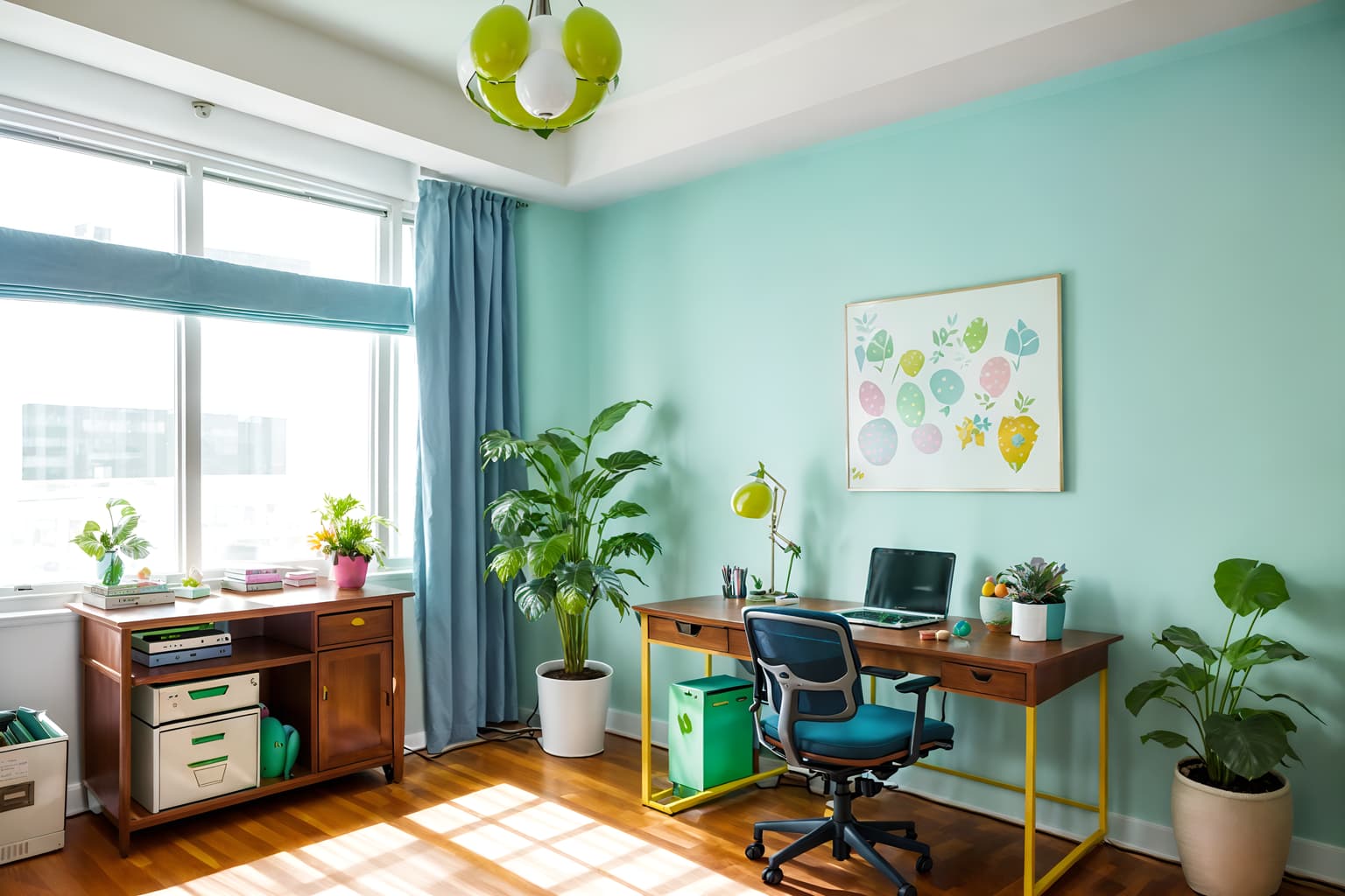 easter-style (office interior) with plants and computer desks and office chairs and office desks and lounge chairs and cabinets and desk lamps and windows. . with colorful easter eggs and light blue colors and spring decorations and easter decorations and flowers on table and colorful easter eggs. . cinematic photo, highly detailed, cinematic lighting, ultra-detailed, ultrarealistic, photorealism, 8k. easter interior design style. masterpiece, cinematic light, ultrarealistic+, photorealistic+, 8k, raw photo, realistic, sharp focus on eyes, (symmetrical eyes), (intact eyes), hyperrealistic, highest quality, best quality, , highly detailed, masterpiece, best quality, extremely detailed 8k wallpaper, masterpiece, best quality, ultra-detailed, best shadow, detailed background, detailed face, detailed eyes, high contrast, best illumination, detailed face, dulux, caustic, dynamic angle, detailed glow. dramatic lighting. highly detailed, insanely detailed hair, symmetrical, intricate details, professionally retouched, 8k high definition. strong bokeh. award winning photo.