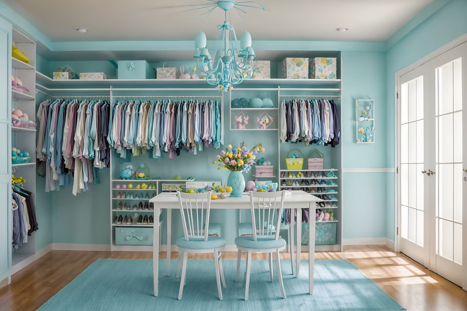 easter-style (walk in closet interior) . with light blue colors and easter decorations and colorful easter eggs and spring decorations and flowers on table and light blue colors. . cinematic photo, highly detailed, cinematic lighting, ultra-detailed, ultrarealistic, photorealism, 8k. easter interior design style. masterpiece, cinematic light, ultrarealistic+, photorealistic+, 8k, raw photo, realistic, sharp focus on eyes, (symmetrical eyes), (intact eyes), hyperrealistic, highest quality, best quality, , highly detailed, masterpiece, best quality, extremely detailed 8k wallpaper, masterpiece, best quality, ultra-detailed, best shadow, detailed background, detailed face, detailed eyes, high contrast, best illumination, detailed face, dulux, caustic, dynamic angle, detailed glow. dramatic lighting. highly detailed, insanely detailed hair, symmetrical, intricate details, professionally retouched, 8k high definition. strong bokeh. award winning photo.