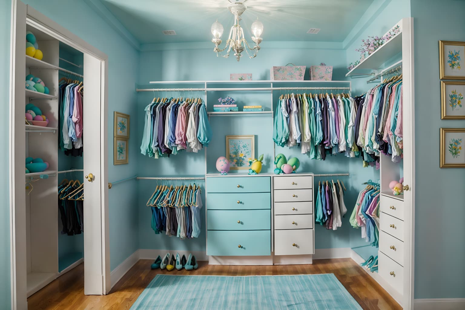 easter-style (walk in closet interior) . with light blue colors and easter decorations and colorful easter eggs and spring decorations and flowers on table and light blue colors. . cinematic photo, highly detailed, cinematic lighting, ultra-detailed, ultrarealistic, photorealism, 8k. easter interior design style. masterpiece, cinematic light, ultrarealistic+, photorealistic+, 8k, raw photo, realistic, sharp focus on eyes, (symmetrical eyes), (intact eyes), hyperrealistic, highest quality, best quality, , highly detailed, masterpiece, best quality, extremely detailed 8k wallpaper, masterpiece, best quality, ultra-detailed, best shadow, detailed background, detailed face, detailed eyes, high contrast, best illumination, detailed face, dulux, caustic, dynamic angle, detailed glow. dramatic lighting. highly detailed, insanely detailed hair, symmetrical, intricate details, professionally retouched, 8k high definition. strong bokeh. award winning photo.