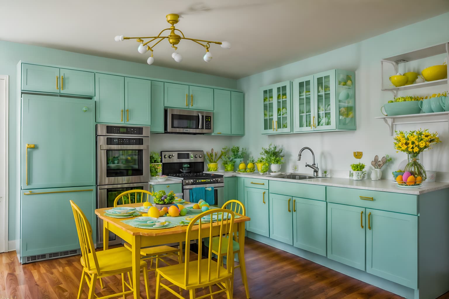 easter-style (kitchen living combo interior) with refrigerator and furniture and occasional tables and kitchen cabinets and plant and sink and plant and sofa. . with easter decorations and spring decorations and flowers on table and colorful easter eggs and light blue colors and easter decorations. . cinematic photo, highly detailed, cinematic lighting, ultra-detailed, ultrarealistic, photorealism, 8k. easter interior design style. masterpiece, cinematic light, ultrarealistic+, photorealistic+, 8k, raw photo, realistic, sharp focus on eyes, (symmetrical eyes), (intact eyes), hyperrealistic, highest quality, best quality, , highly detailed, masterpiece, best quality, extremely detailed 8k wallpaper, masterpiece, best quality, ultra-detailed, best shadow, detailed background, detailed face, detailed eyes, high contrast, best illumination, detailed face, dulux, caustic, dynamic angle, detailed glow. dramatic lighting. highly detailed, insanely detailed hair, symmetrical, intricate details, professionally retouched, 8k high definition. strong bokeh. award winning photo.