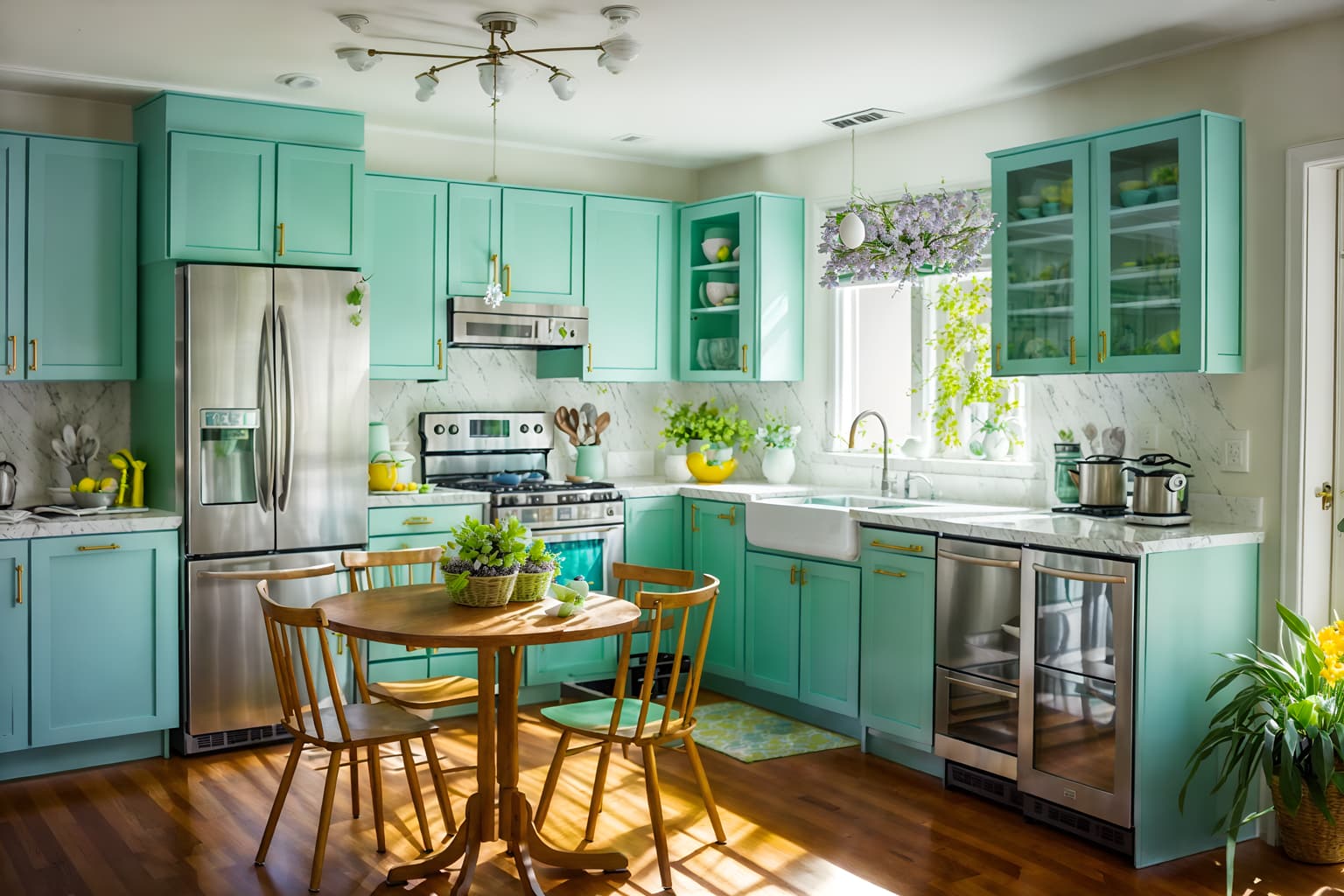 easter-style (kitchen living combo interior) with refrigerator and furniture and occasional tables and kitchen cabinets and plant and sink and plant and sofa. . with easter decorations and spring decorations and flowers on table and colorful easter eggs and light blue colors and easter decorations. . cinematic photo, highly detailed, cinematic lighting, ultra-detailed, ultrarealistic, photorealism, 8k. easter interior design style. masterpiece, cinematic light, ultrarealistic+, photorealistic+, 8k, raw photo, realistic, sharp focus on eyes, (symmetrical eyes), (intact eyes), hyperrealistic, highest quality, best quality, , highly detailed, masterpiece, best quality, extremely detailed 8k wallpaper, masterpiece, best quality, ultra-detailed, best shadow, detailed background, detailed face, detailed eyes, high contrast, best illumination, detailed face, dulux, caustic, dynamic angle, detailed glow. dramatic lighting. highly detailed, insanely detailed hair, symmetrical, intricate details, professionally retouched, 8k high definition. strong bokeh. award winning photo.