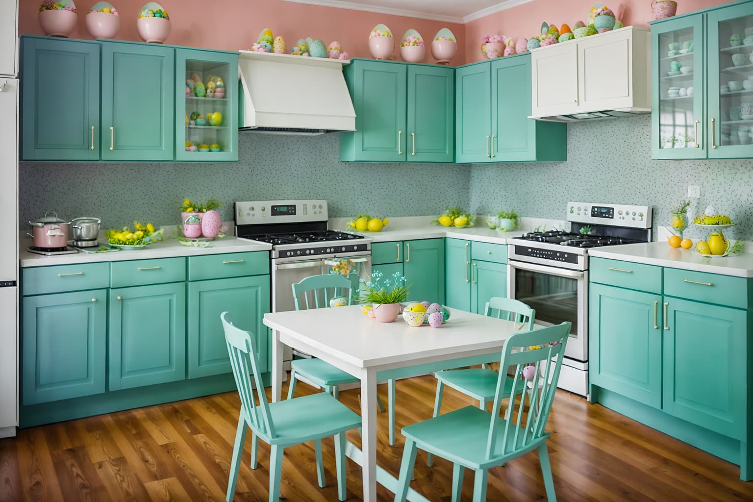 easter-style (kitchen living combo interior) with refrigerator and furniture and occasional tables and kitchen cabinets and plant and sink and plant and sofa. . with easter decorations and spring decorations and flowers on table and colorful easter eggs and light blue colors and easter decorations. . cinematic photo, highly detailed, cinematic lighting, ultra-detailed, ultrarealistic, photorealism, 8k. easter interior design style. masterpiece, cinematic light, ultrarealistic+, photorealistic+, 8k, raw photo, realistic, sharp focus on eyes, (symmetrical eyes), (intact eyes), hyperrealistic, highest quality, best quality, , highly detailed, masterpiece, best quality, extremely detailed 8k wallpaper, masterpiece, best quality, ultra-detailed, best shadow, detailed background, detailed face, detailed eyes, high contrast, best illumination, detailed face, dulux, caustic, dynamic angle, detailed glow. dramatic lighting. highly detailed, insanely detailed hair, symmetrical, intricate details, professionally retouched, 8k high definition. strong bokeh. award winning photo.