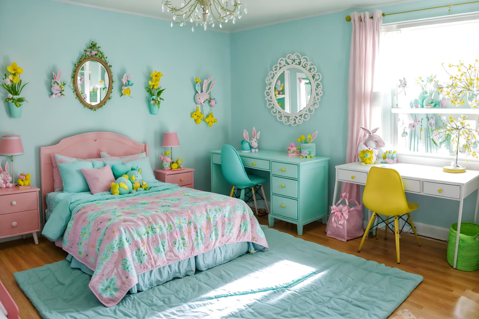 easter-style (kids room interior) with headboard and bedside table or night stand and bed and mirror and kids desk and accent chair and night light and plant. . with spring decorations and flowers on table and light blue colors and easter decorations and colorful easter eggs and spring decorations. . cinematic photo, highly detailed, cinematic lighting, ultra-detailed, ultrarealistic, photorealism, 8k. easter interior design style. masterpiece, cinematic light, ultrarealistic+, photorealistic+, 8k, raw photo, realistic, sharp focus on eyes, (symmetrical eyes), (intact eyes), hyperrealistic, highest quality, best quality, , highly detailed, masterpiece, best quality, extremely detailed 8k wallpaper, masterpiece, best quality, ultra-detailed, best shadow, detailed background, detailed face, detailed eyes, high contrast, best illumination, detailed face, dulux, caustic, dynamic angle, detailed glow. dramatic lighting. highly detailed, insanely detailed hair, symmetrical, intricate details, professionally retouched, 8k high definition. strong bokeh. award winning photo.
