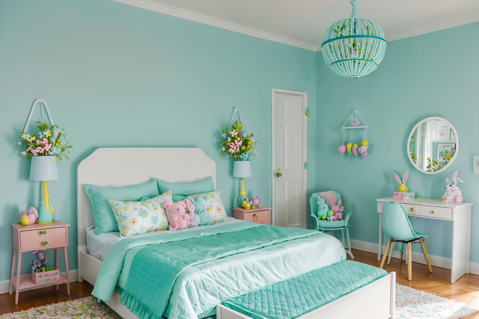 easter-style (kids room interior) with headboard and bedside table or night stand and bed and mirror and kids desk and accent chair and night light and plant. . with spring decorations and flowers on table and light blue colors and easter decorations and colorful easter eggs and spring decorations. . cinematic photo, highly detailed, cinematic lighting, ultra-detailed, ultrarealistic, photorealism, 8k. easter interior design style. masterpiece, cinematic light, ultrarealistic+, photorealistic+, 8k, raw photo, realistic, sharp focus on eyes, (symmetrical eyes), (intact eyes), hyperrealistic, highest quality, best quality, , highly detailed, masterpiece, best quality, extremely detailed 8k wallpaper, masterpiece, best quality, ultra-detailed, best shadow, detailed background, detailed face, detailed eyes, high contrast, best illumination, detailed face, dulux, caustic, dynamic angle, detailed glow. dramatic lighting. highly detailed, insanely detailed hair, symmetrical, intricate details, professionally retouched, 8k high definition. strong bokeh. award winning photo.