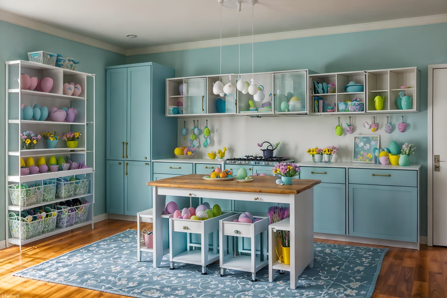 easter-style (drop zone interior) with cabinets and cubbies and storage drawers and shelves for shoes and a bench and high up storage and storage baskets and wall hooks for coats. . with flowers on table and spring decorations and light blue colors and colorful easter eggs and easter decorations and flowers on table. . cinematic photo, highly detailed, cinematic lighting, ultra-detailed, ultrarealistic, photorealism, 8k. easter interior design style. masterpiece, cinematic light, ultrarealistic+, photorealistic+, 8k, raw photo, realistic, sharp focus on eyes, (symmetrical eyes), (intact eyes), hyperrealistic, highest quality, best quality, , highly detailed, masterpiece, best quality, extremely detailed 8k wallpaper, masterpiece, best quality, ultra-detailed, best shadow, detailed background, detailed face, detailed eyes, high contrast, best illumination, detailed face, dulux, caustic, dynamic angle, detailed glow. dramatic lighting. highly detailed, insanely detailed hair, symmetrical, intricate details, professionally retouched, 8k high definition. strong bokeh. award winning photo.
