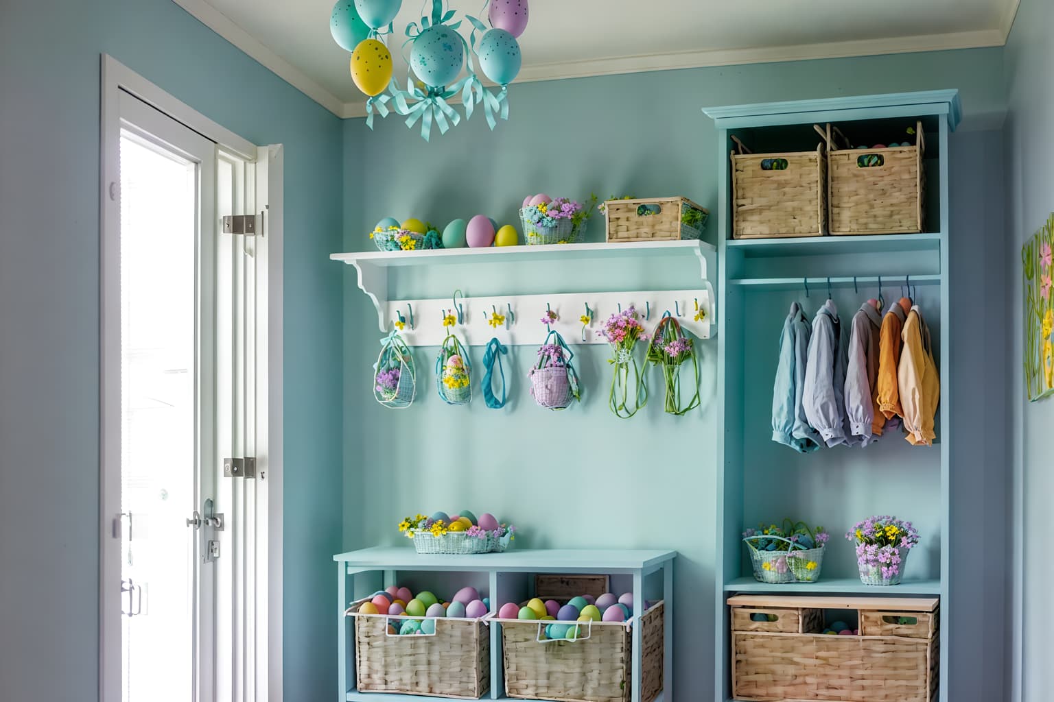 easter-style (drop zone interior) with cabinets and cubbies and storage drawers and shelves for shoes and a bench and high up storage and storage baskets and wall hooks for coats. . with flowers on table and spring decorations and light blue colors and colorful easter eggs and easter decorations and flowers on table. . cinematic photo, highly detailed, cinematic lighting, ultra-detailed, ultrarealistic, photorealism, 8k. easter interior design style. masterpiece, cinematic light, ultrarealistic+, photorealistic+, 8k, raw photo, realistic, sharp focus on eyes, (symmetrical eyes), (intact eyes), hyperrealistic, highest quality, best quality, , highly detailed, masterpiece, best quality, extremely detailed 8k wallpaper, masterpiece, best quality, ultra-detailed, best shadow, detailed background, detailed face, detailed eyes, high contrast, best illumination, detailed face, dulux, caustic, dynamic angle, detailed glow. dramatic lighting. highly detailed, insanely detailed hair, symmetrical, intricate details, professionally retouched, 8k high definition. strong bokeh. award winning photo.